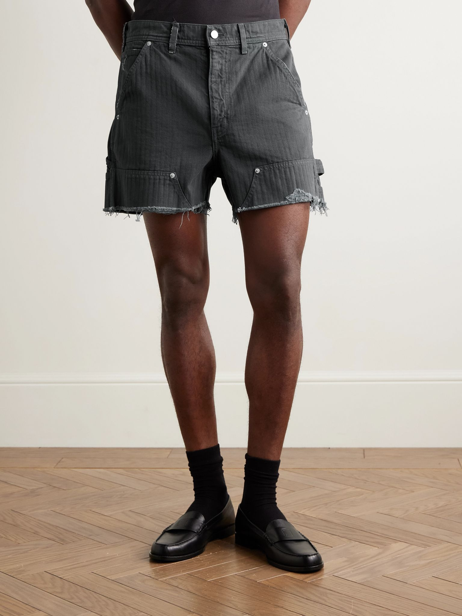 Slim-Fit Distressed Herringbone Denim Shorts Black - 3