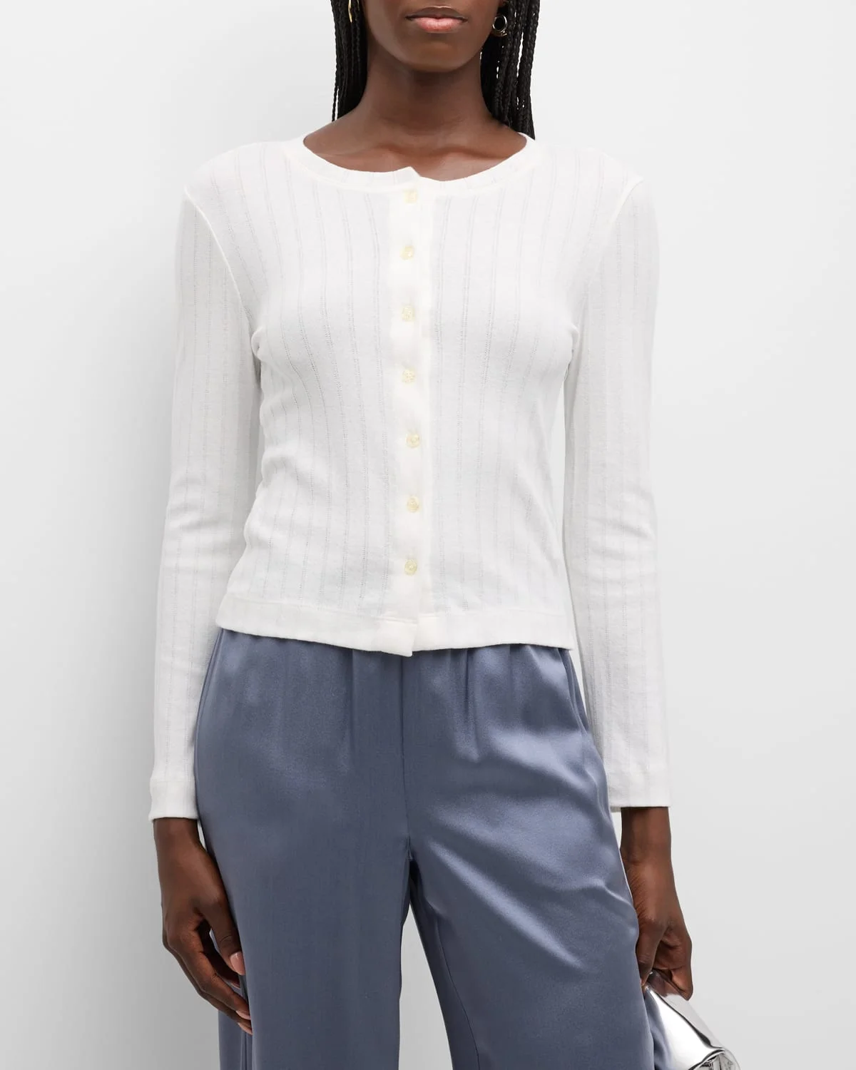 Pointelle Classic Crewneck Cardigan - 1