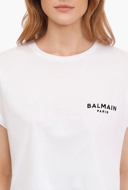 Cropped white cotton T-shirt with flocked black Balmain logo - 6