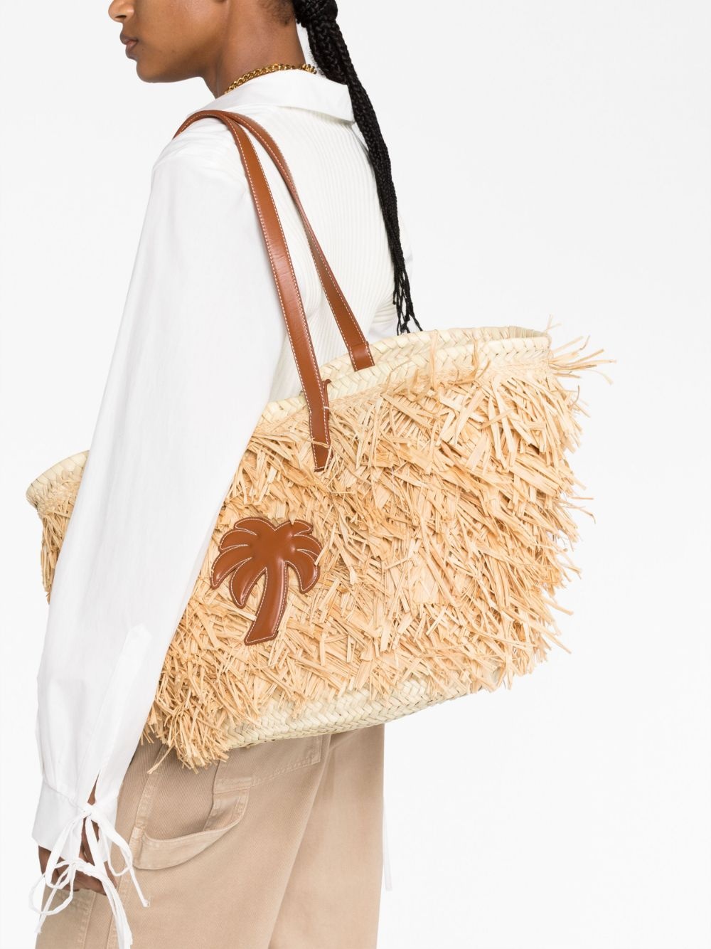 Palm-appliqué raffia tote bag - 3