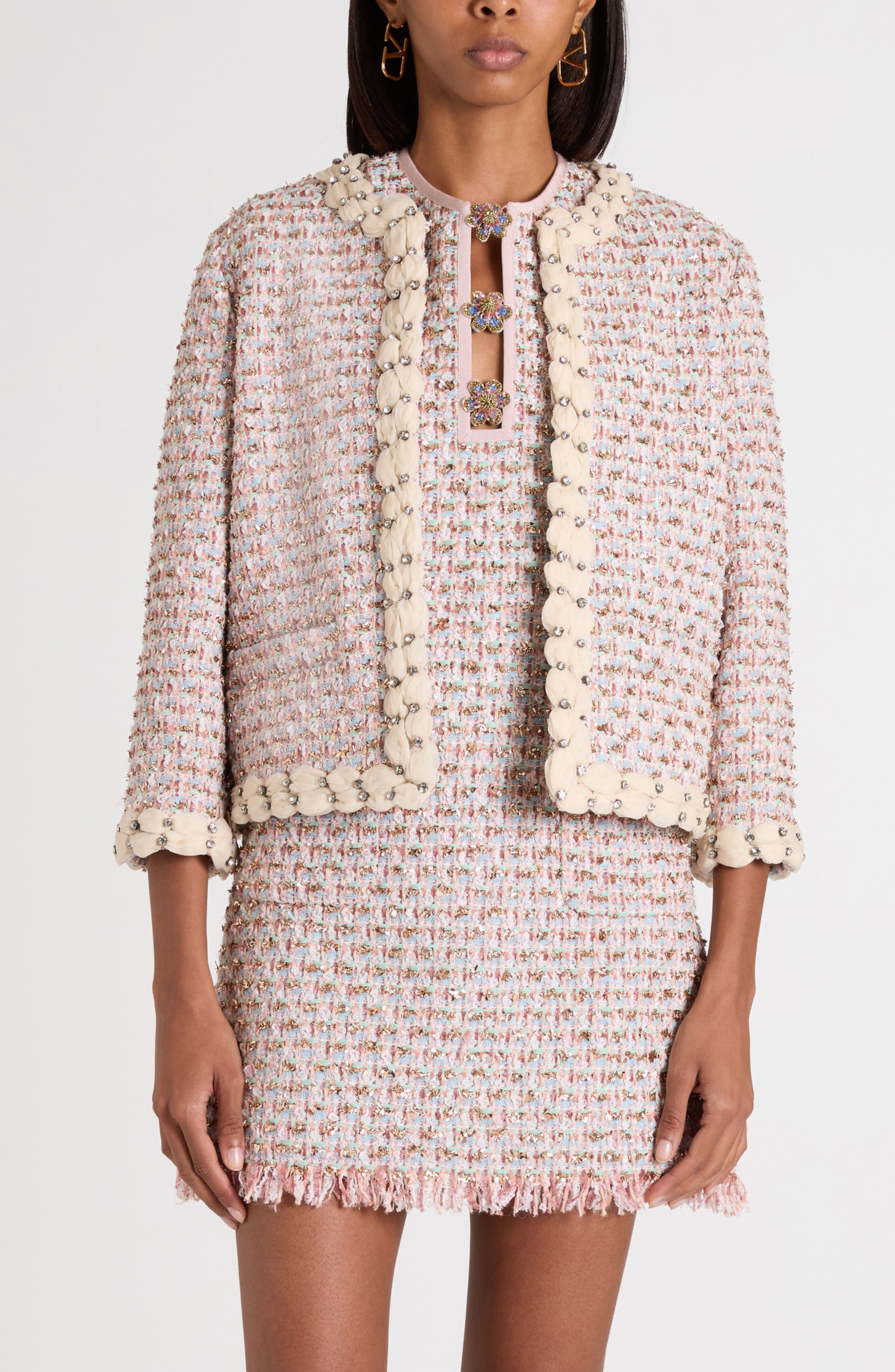 Valentino Garavani Embroidered Ribbon Tweed Jacket in Pink Multi at Nordstrom - 1