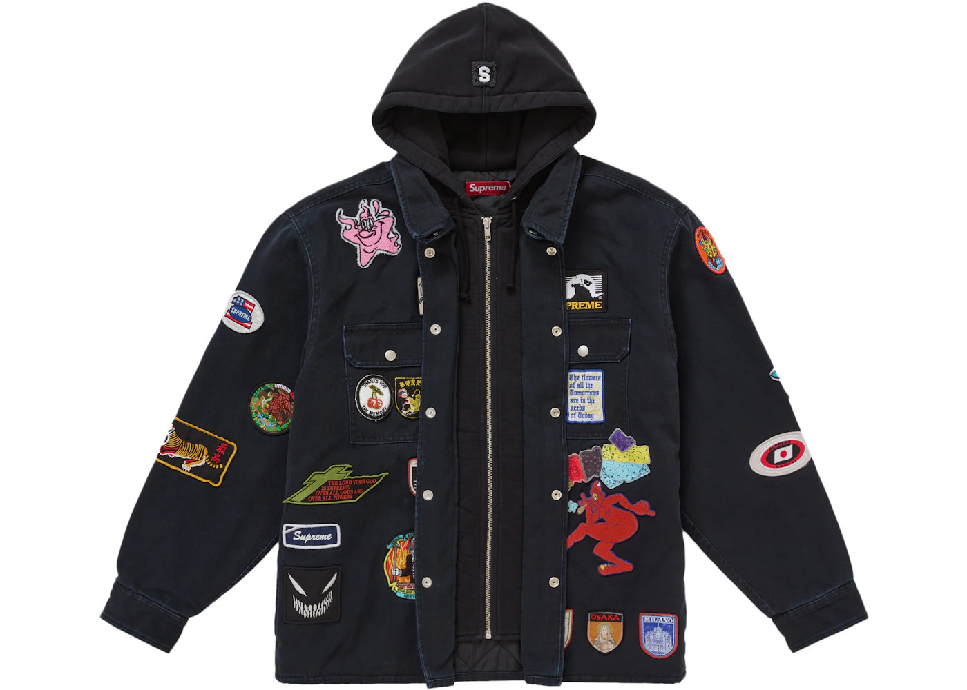 Supreme Patches Hooded Zip Up Shirt Black - 2