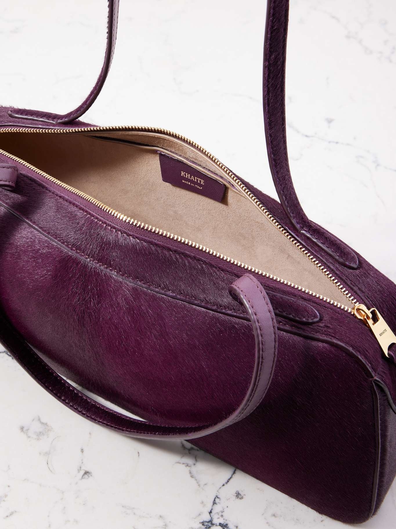 Simona leather-trimmed calf hair shoulder bag Burgundy - 5