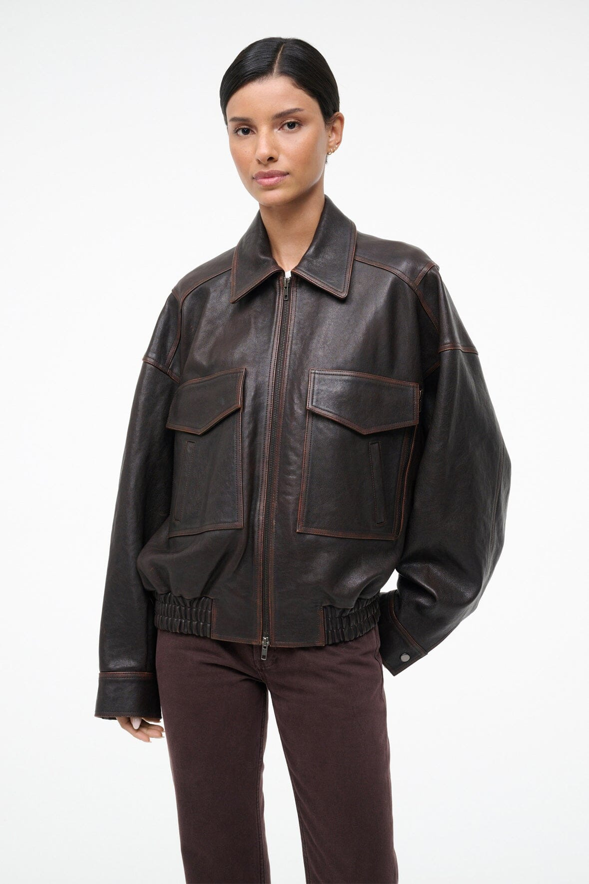 STAUD EUGENE LEATHER JACKET DISTRESSED BROWN - 6