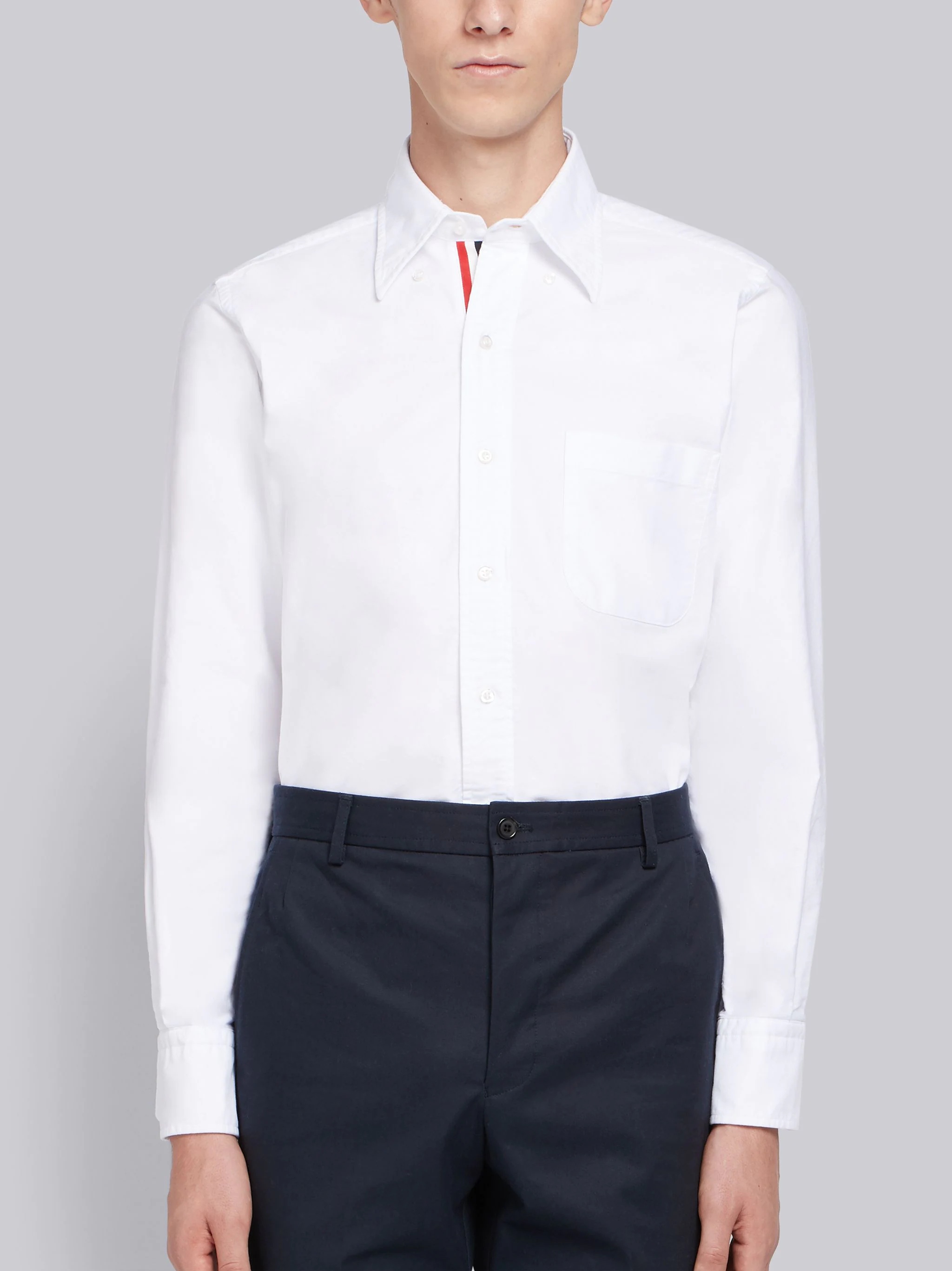 White Cotton Oxford Grosgrain Placket Shirt - 1