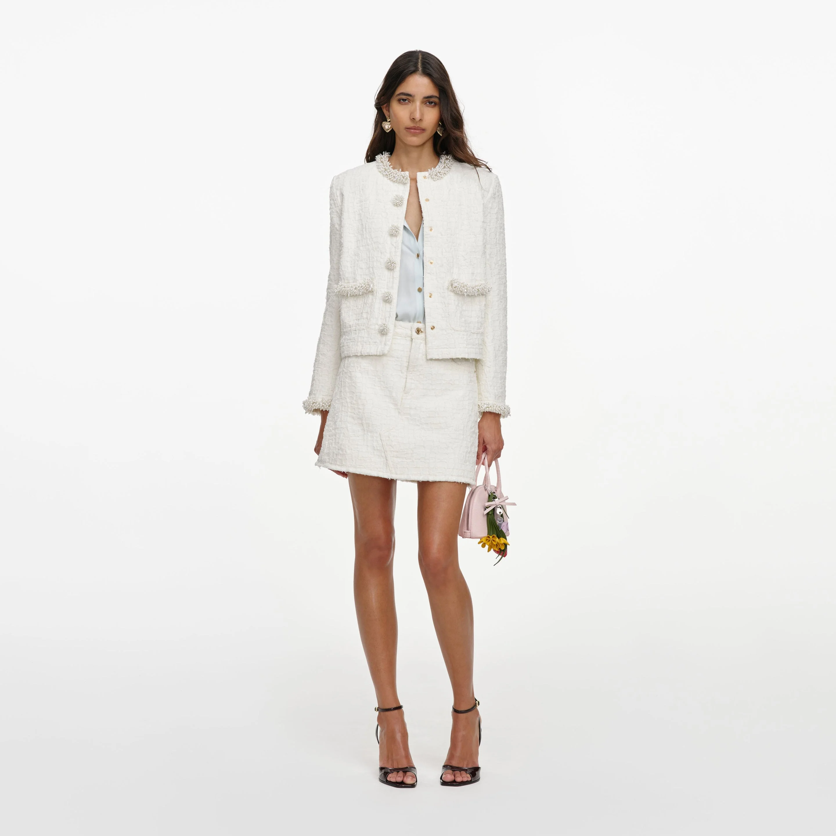 Cream Textured Denim Jacket - 1