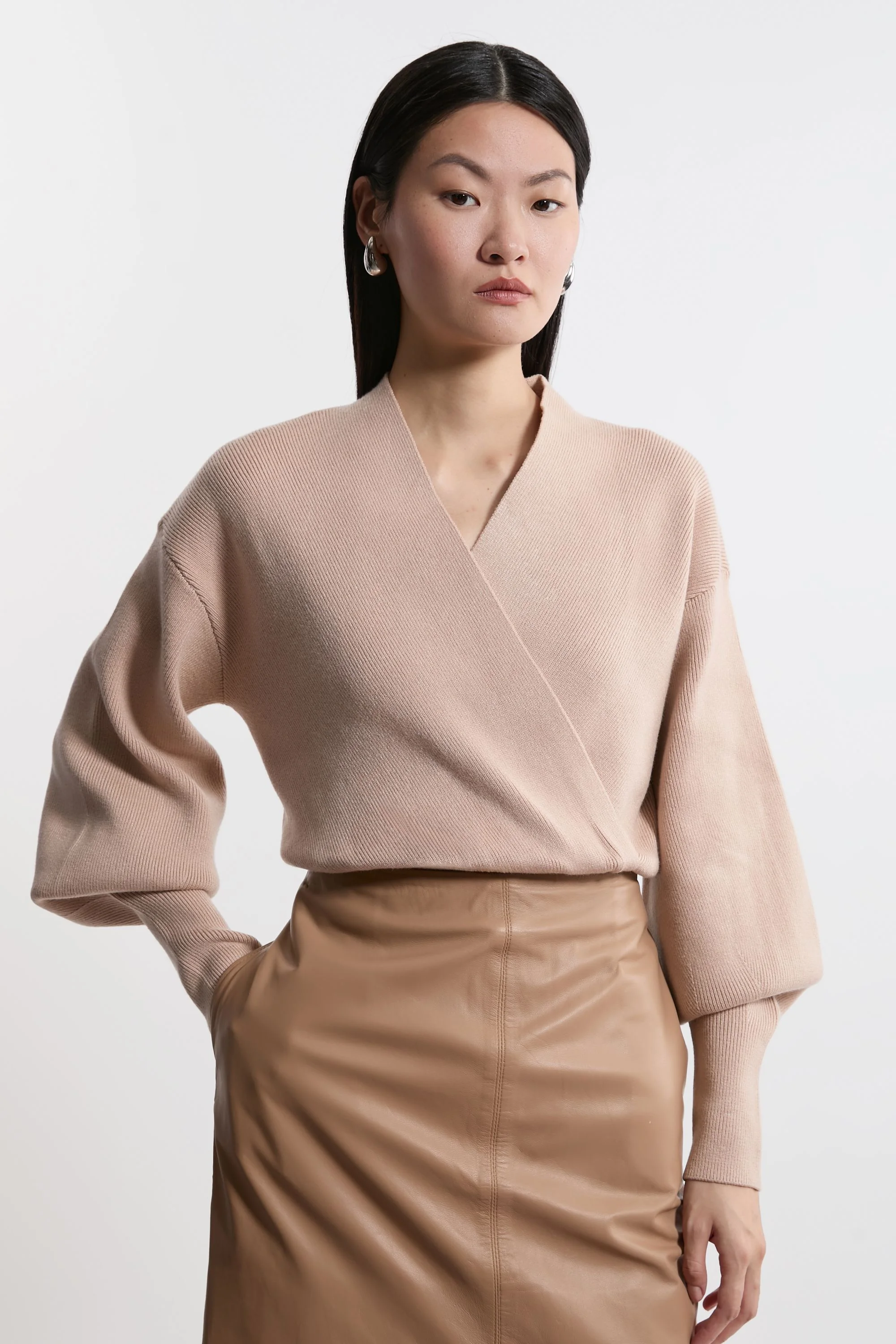 Wool Look Compact Stitch Wrap Knit Top - 1