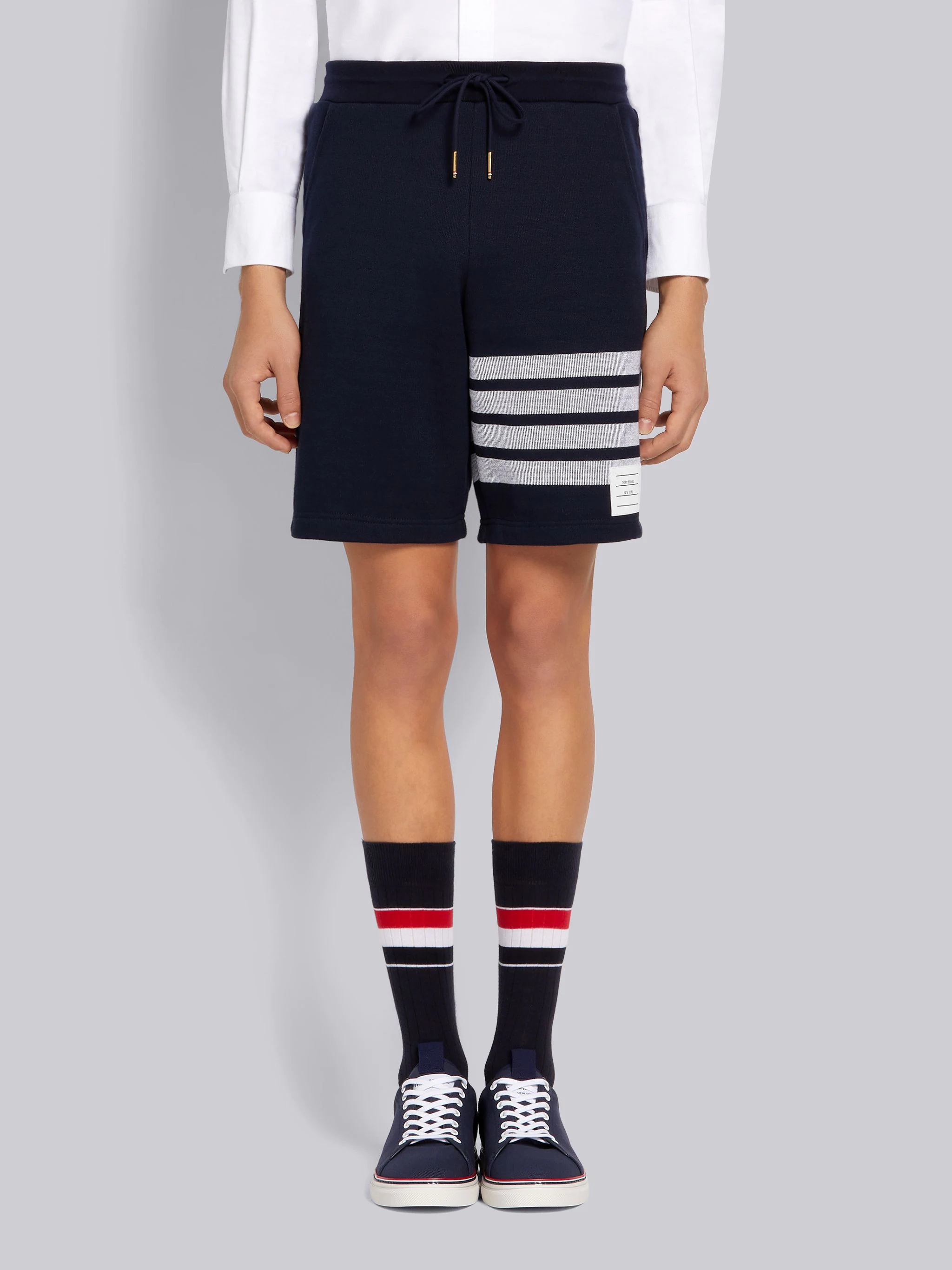 Navy Double Face Cotton Knit 4-Bar Stripe Sweat Shorts - 1