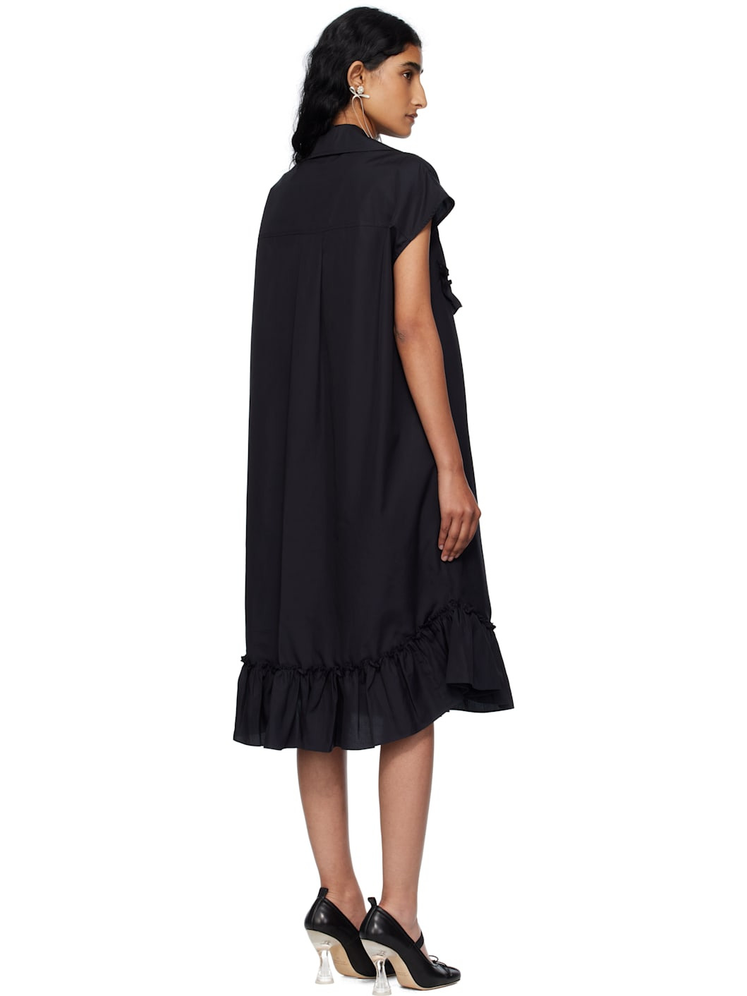 Black Sleeveless Ruffle Bust Detail Midi Dress - 3