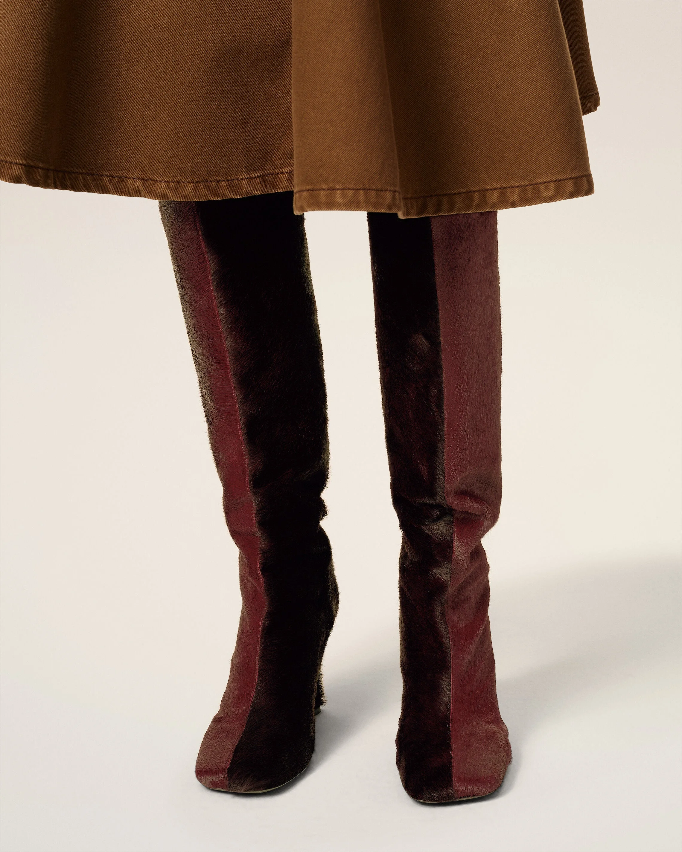 BURGUNDY LEATHER BICOLOR KNEE HIGH BOOTS - 1