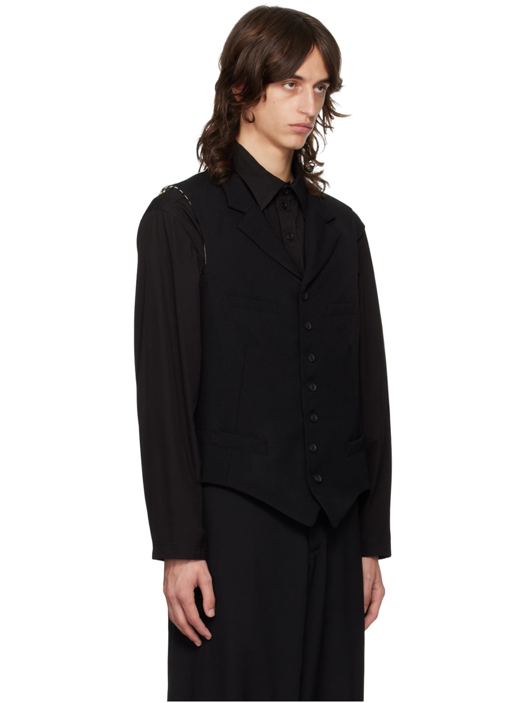 Black Notched Lapel Gabardine Waistcoat - 2