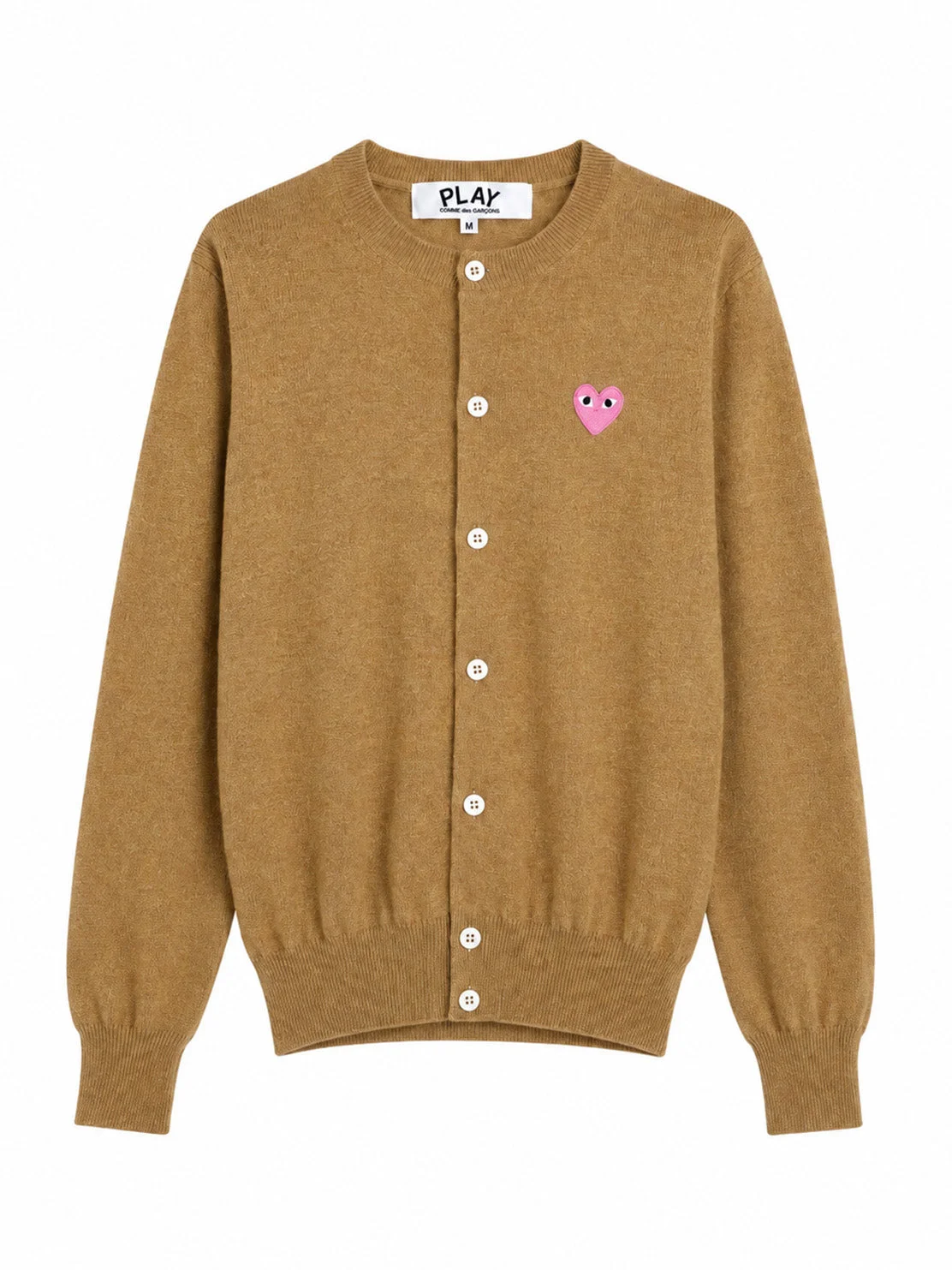 UNISEX ROUND-NECK KNIT CARDIGAN PINK HEART - TOP LIGHT CAMEL - 1