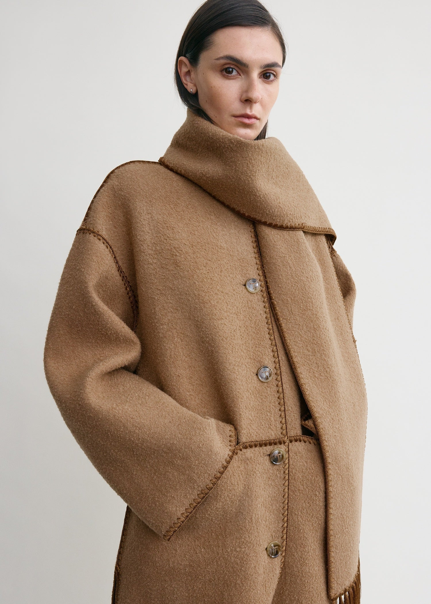 Embroidered scarf coat camel - 5