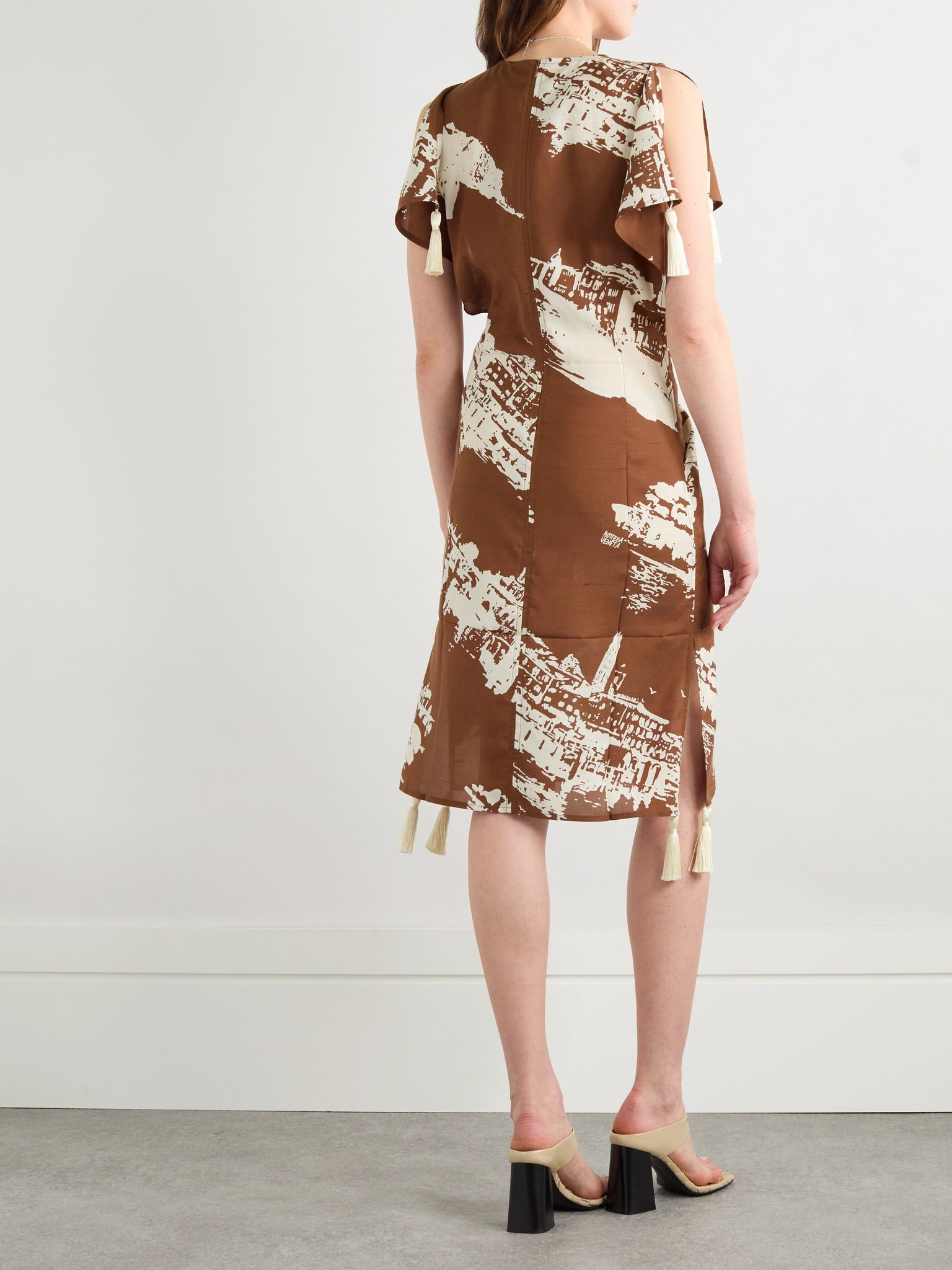 Tasseled printed silk and cotton-blend shantung dress Brown - 3