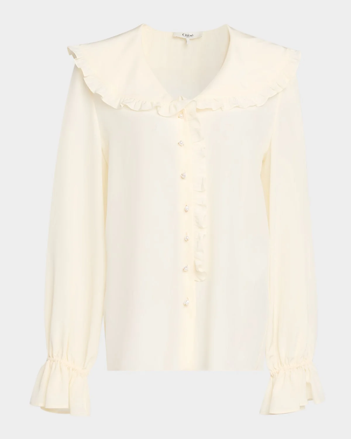 Bertha-Collar Ruffle Button-Down Silk Blouse - 1