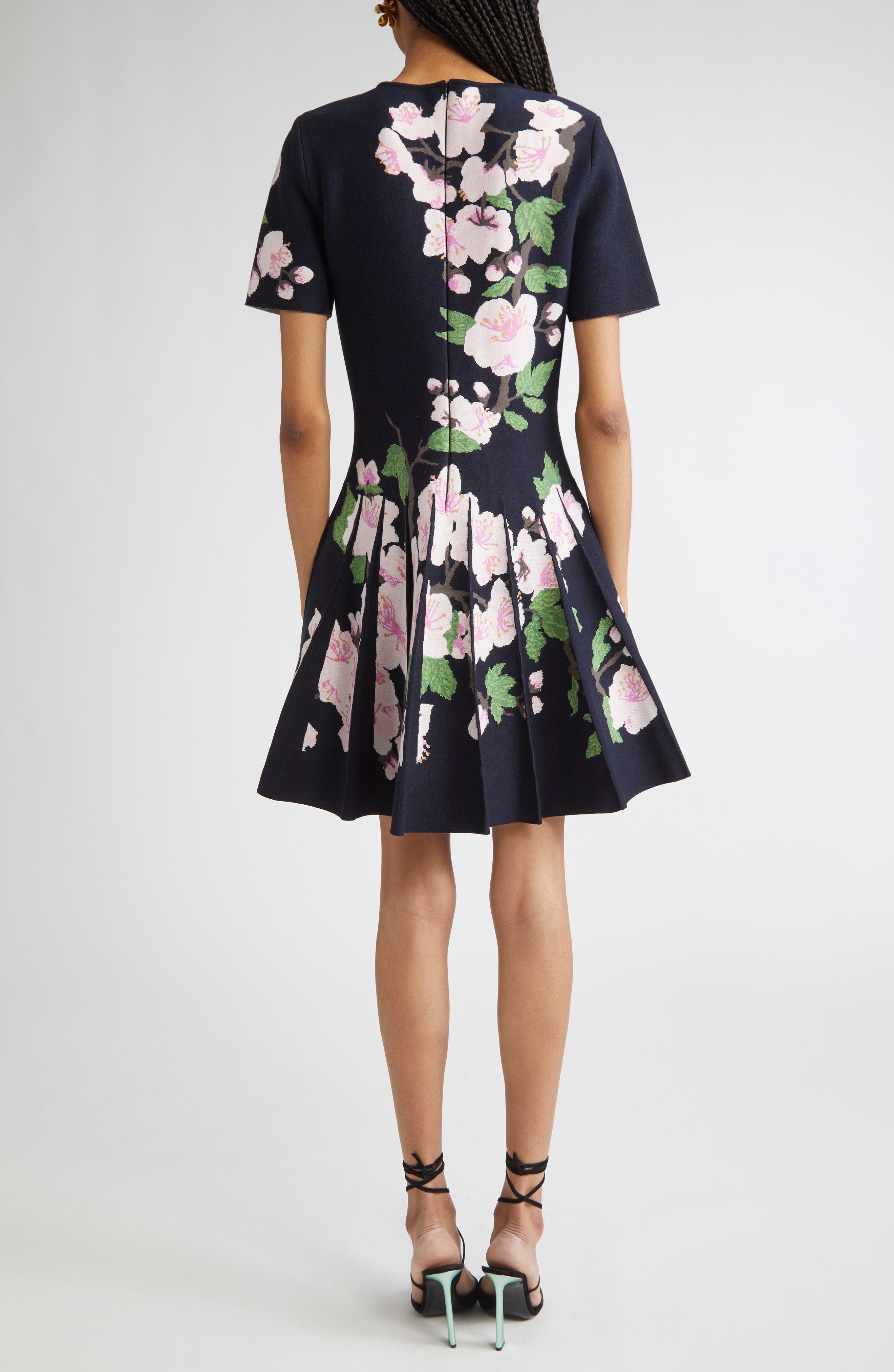 Oscar de la Renta Cherry Blossom Pleated Jacquard Knit Fit & Flare Dress in Navy/Pink at Nordstrom - 2