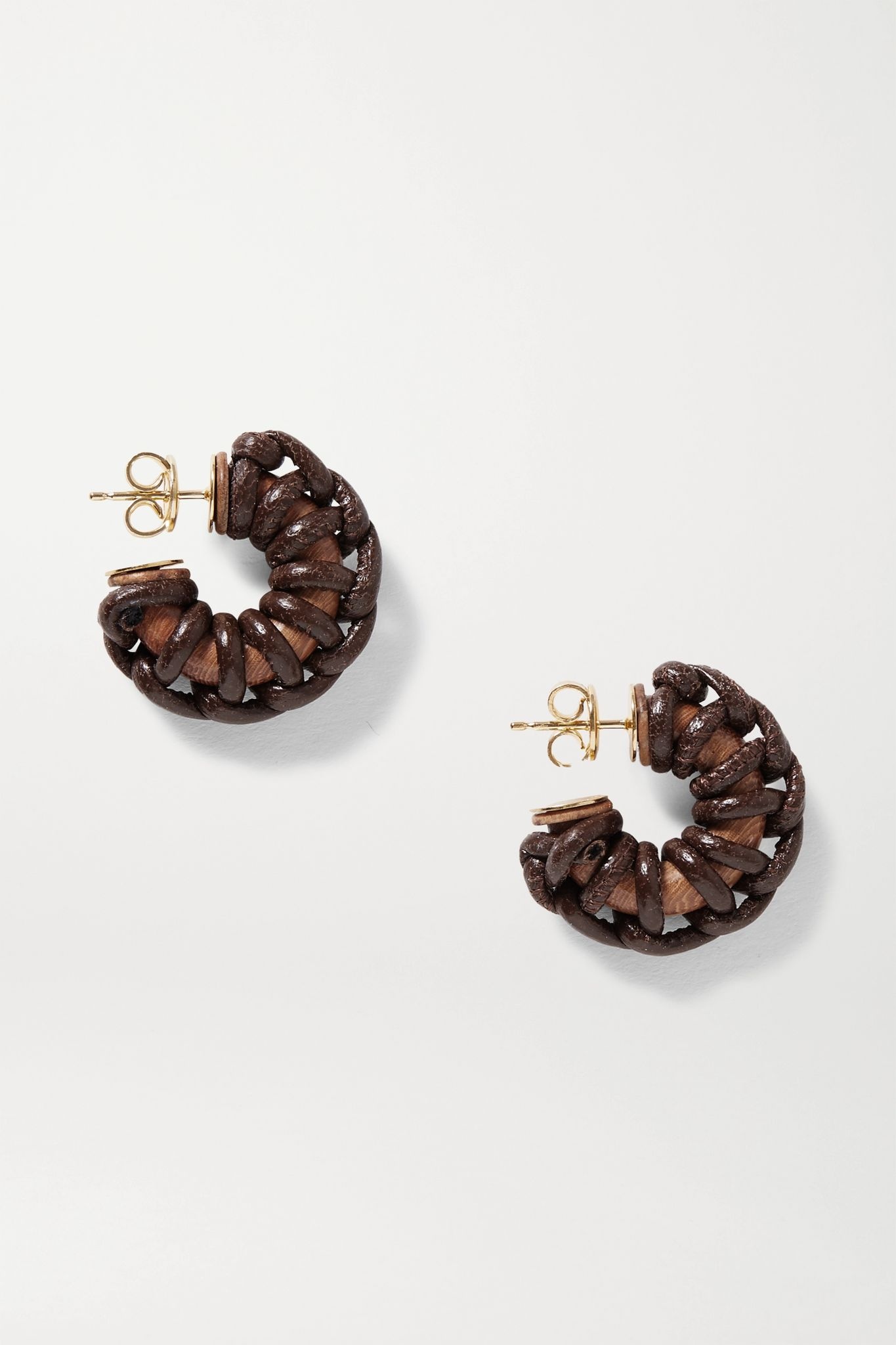 Leather, wood and gold-tone earrings - 1