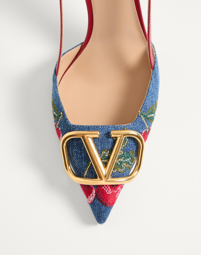 Valentino VLOGO SIGNATURE SLINGBACK PUMPS IN DENIM WITH CHERRYFIC EMBROIDERY 80MM outlook