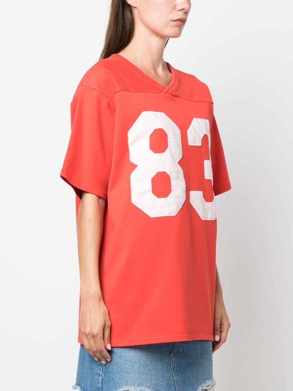 number-print V-neck cotton T-shirt - 3