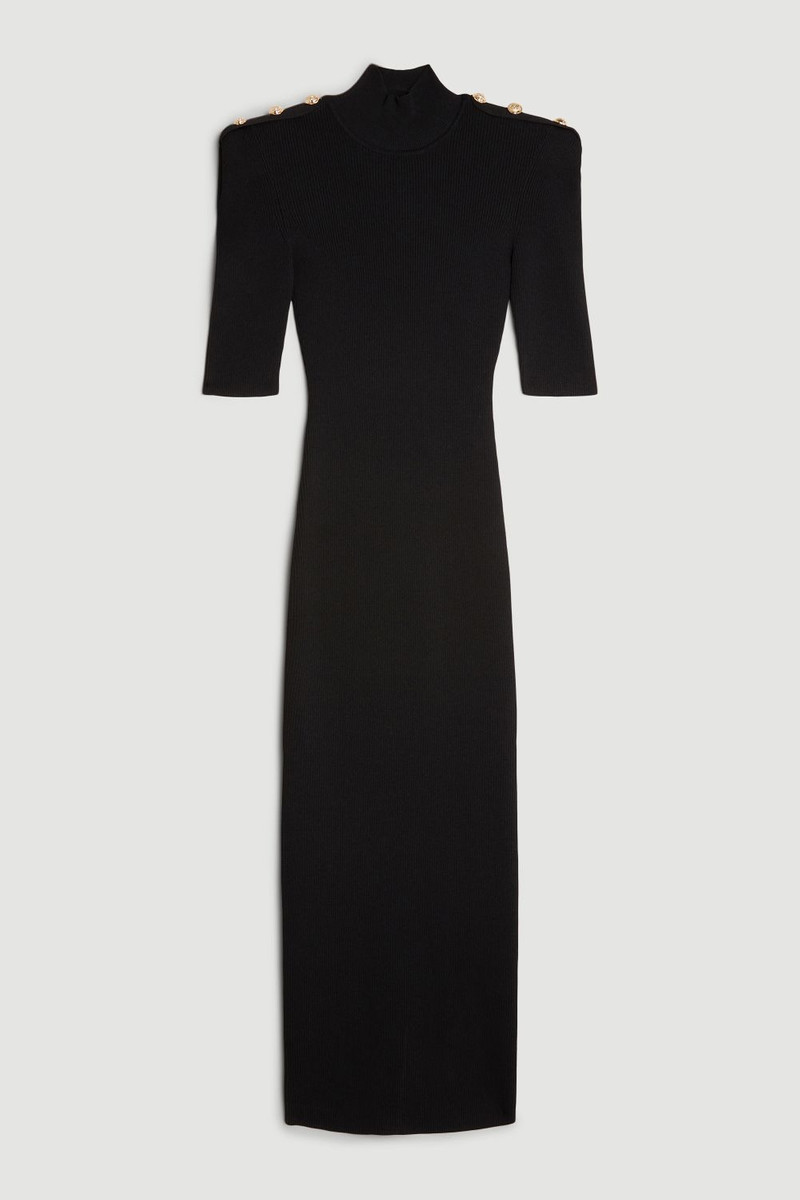 Petite Viscose Blend Rib Knit Power Shoulder Military Trim Maxi Dress - 1