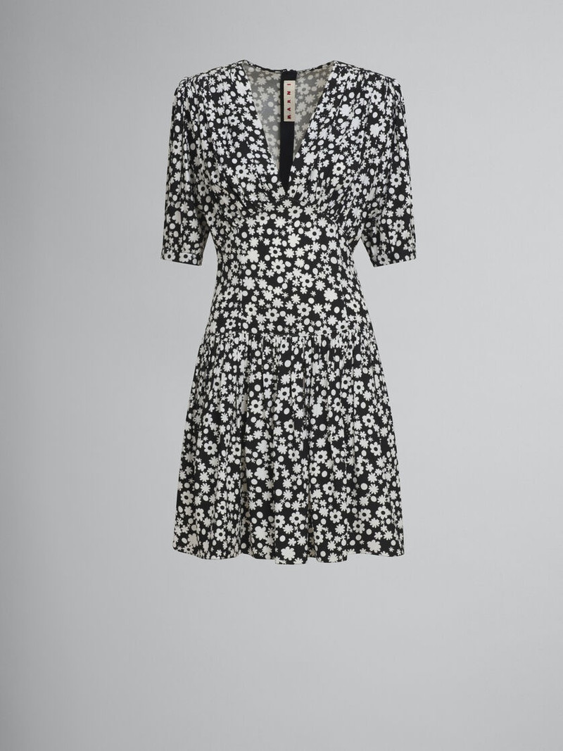 BLACK AND WHITE SHORT SATIN DRESS WITH POP FIELDS MOTIF 1