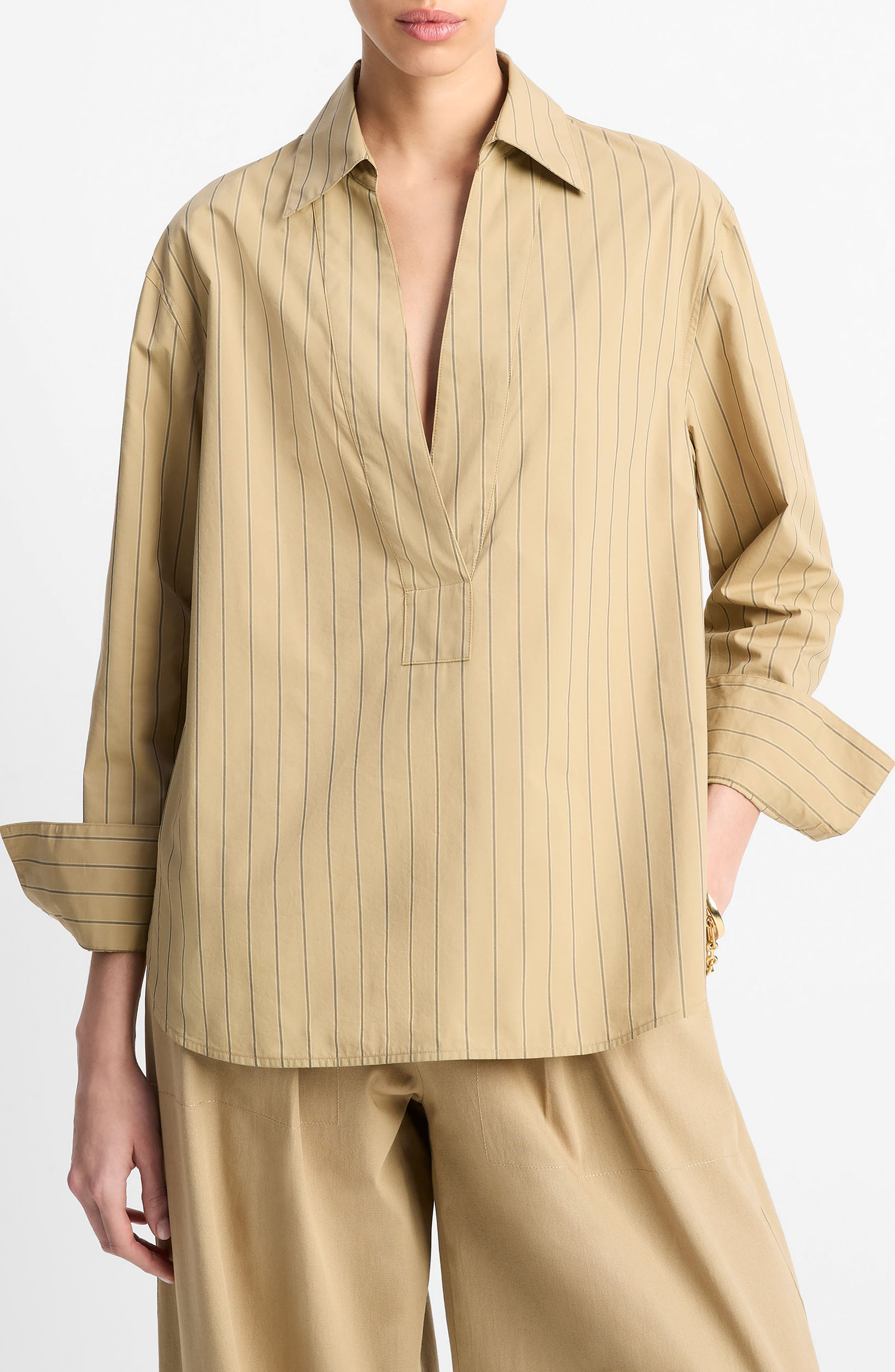 Vince Stripe Relaxed Cotton Popover Shirt in Sand Sage at Nordstrom - 1