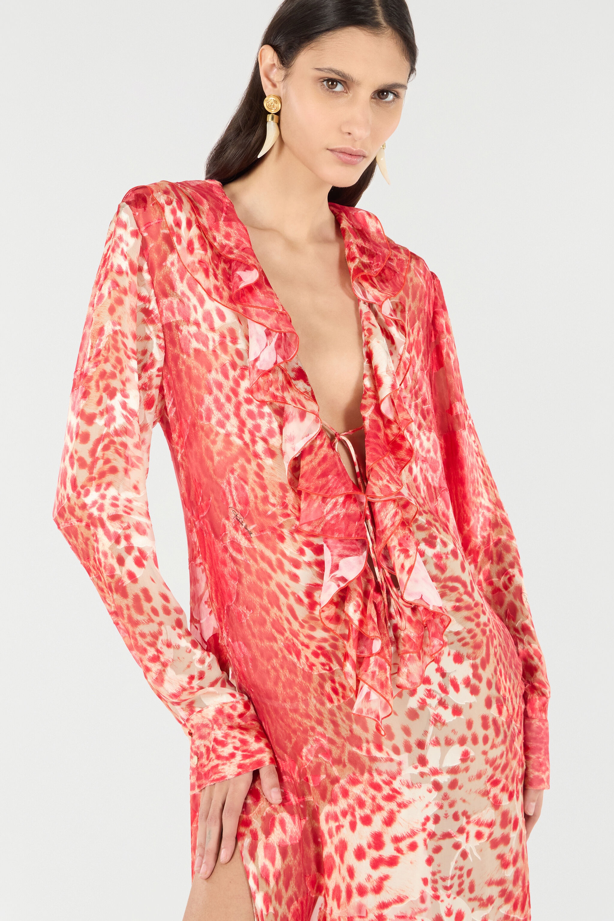 Long Dress With Ruffle And Jaguar Skin Print - 6