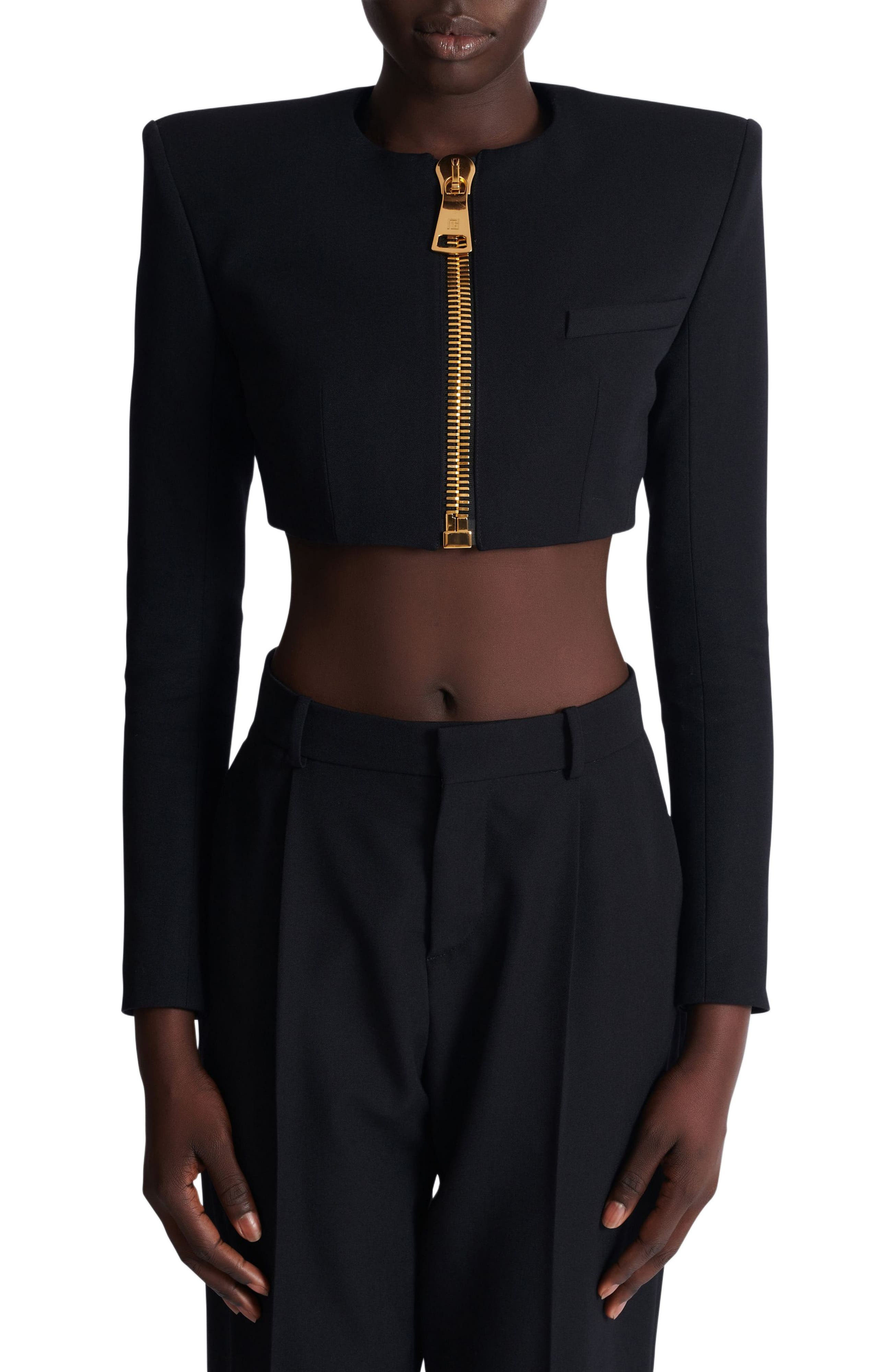 Balmain Cropped Jacket In Grain De Poudre Wool in Black at Nordstrom - 6