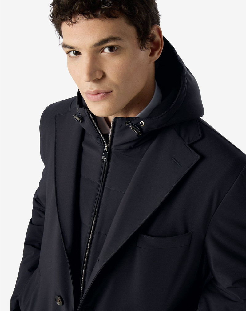 Blue technical fabric coat with detachable vest 4