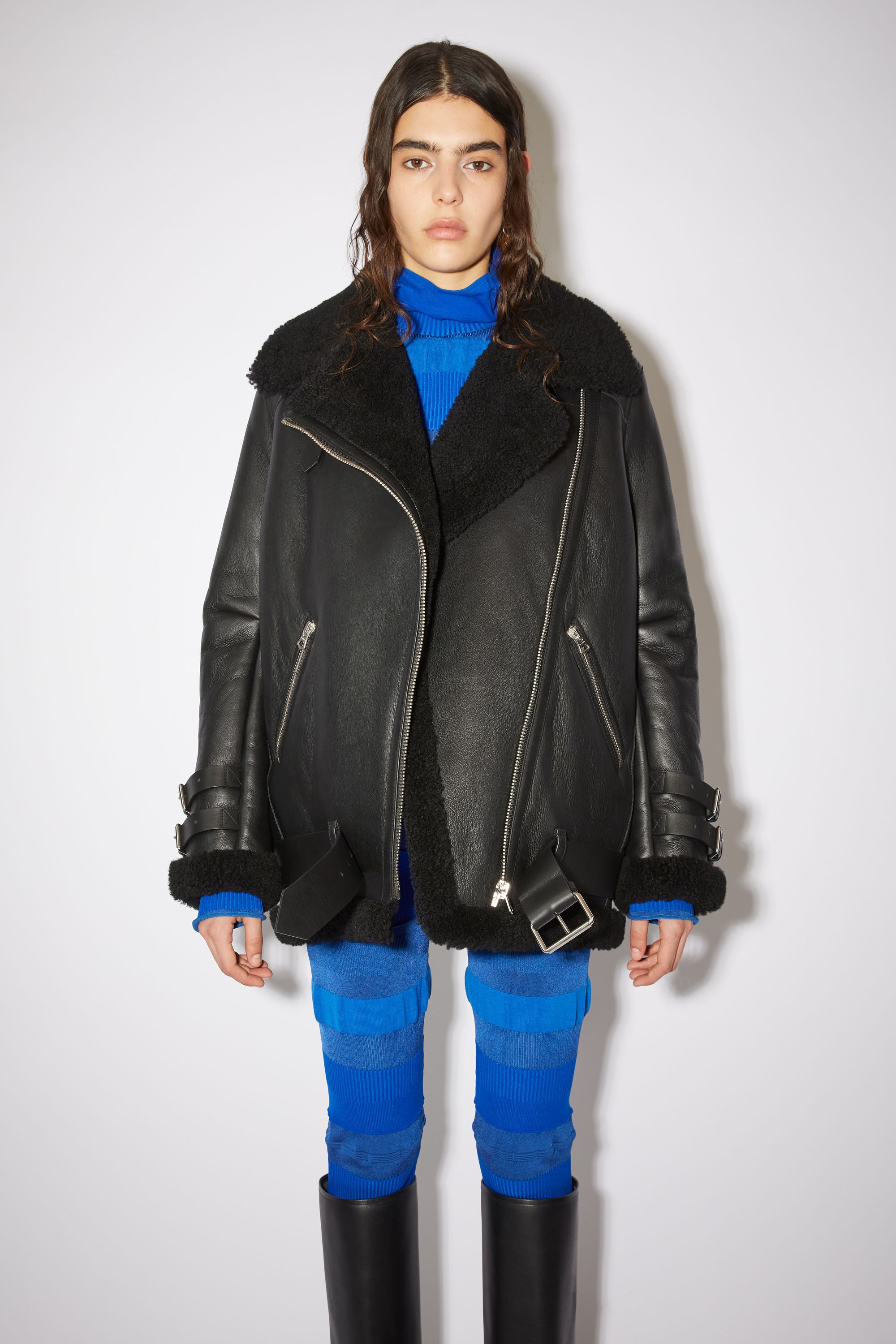 Leather shearling jacket - Black / Black - 5