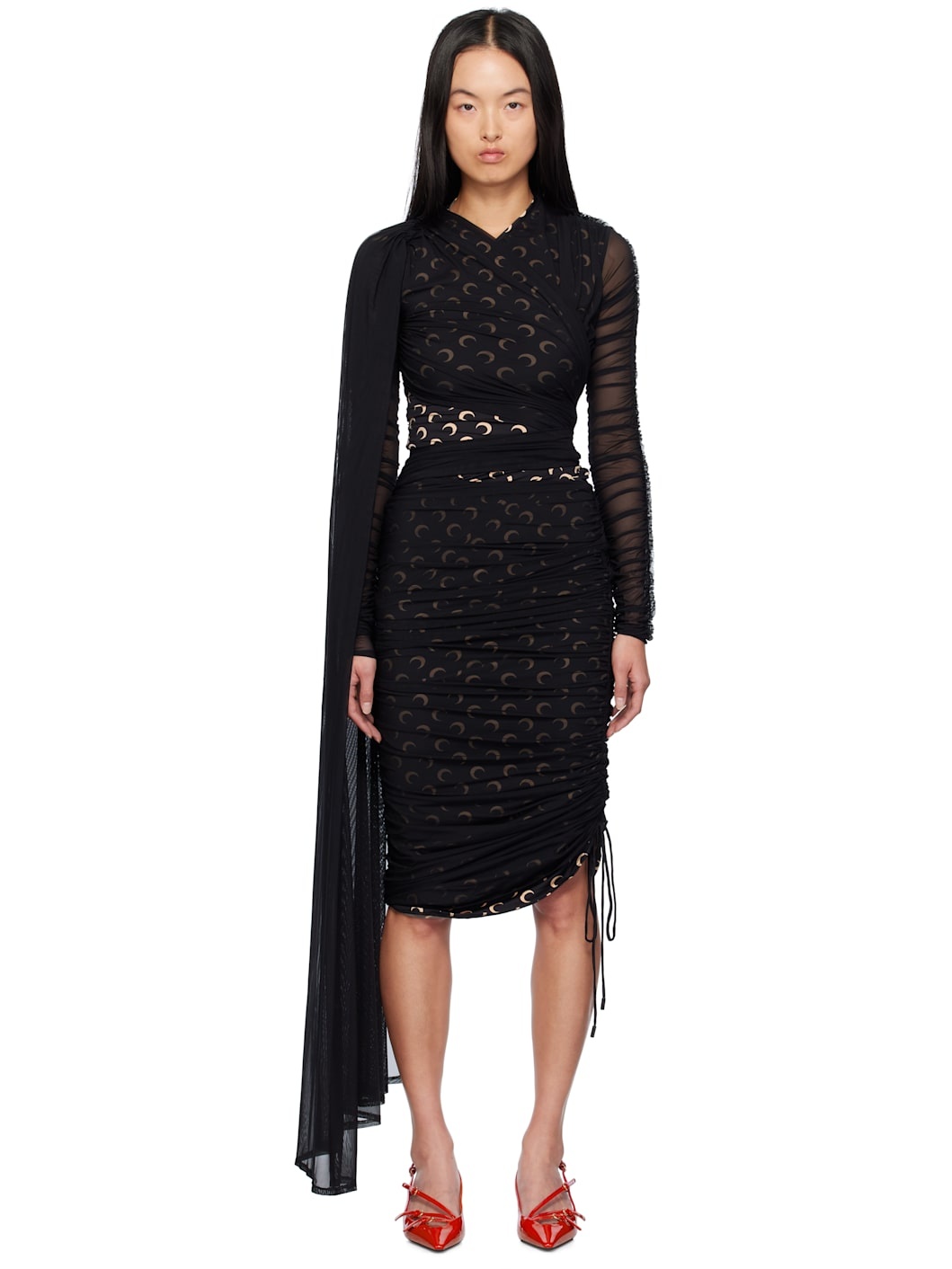 Black Jersey Draped Midi Dress - 1