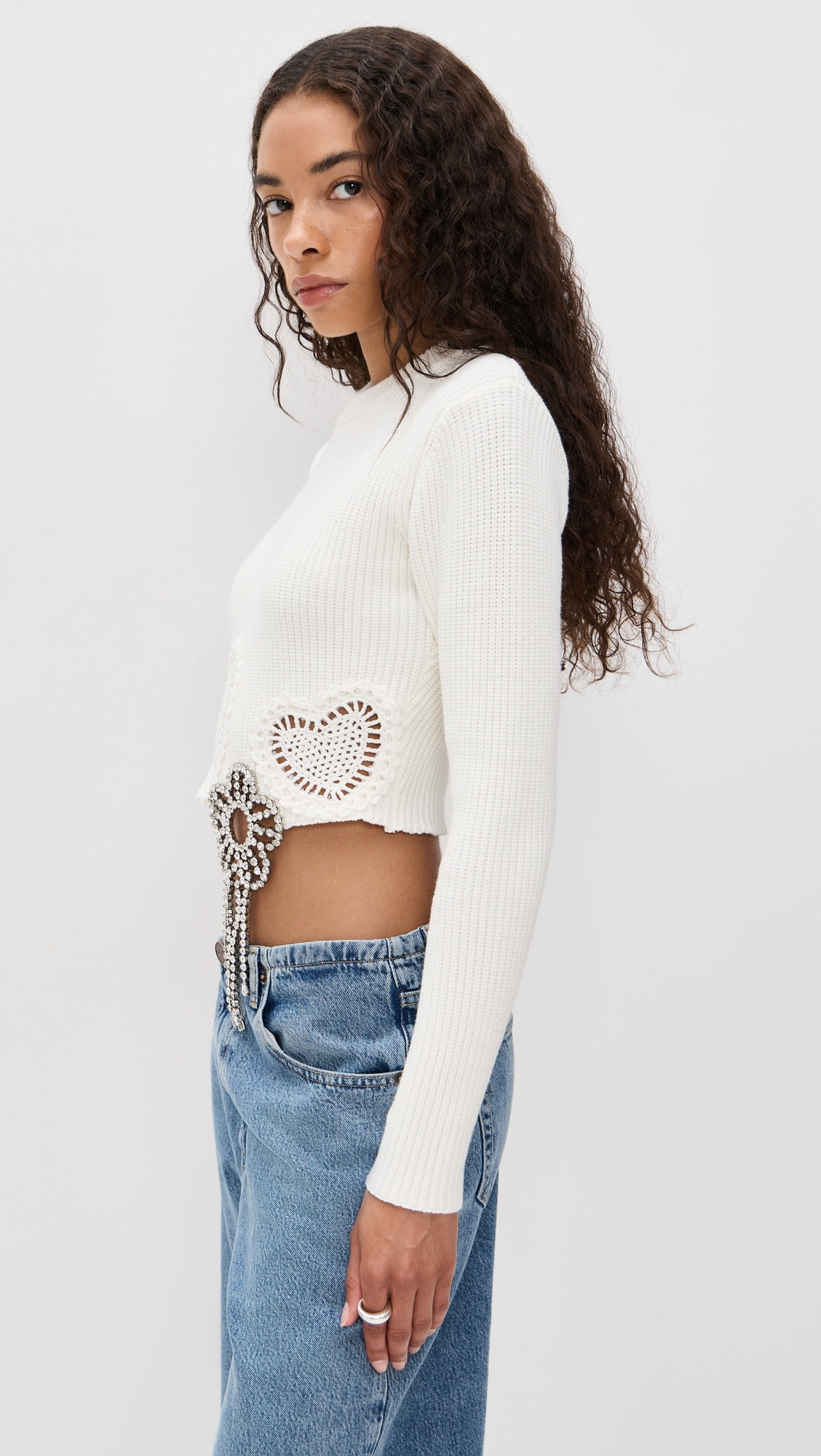 Crystal Crochet Flower Cropped Sweater - 3