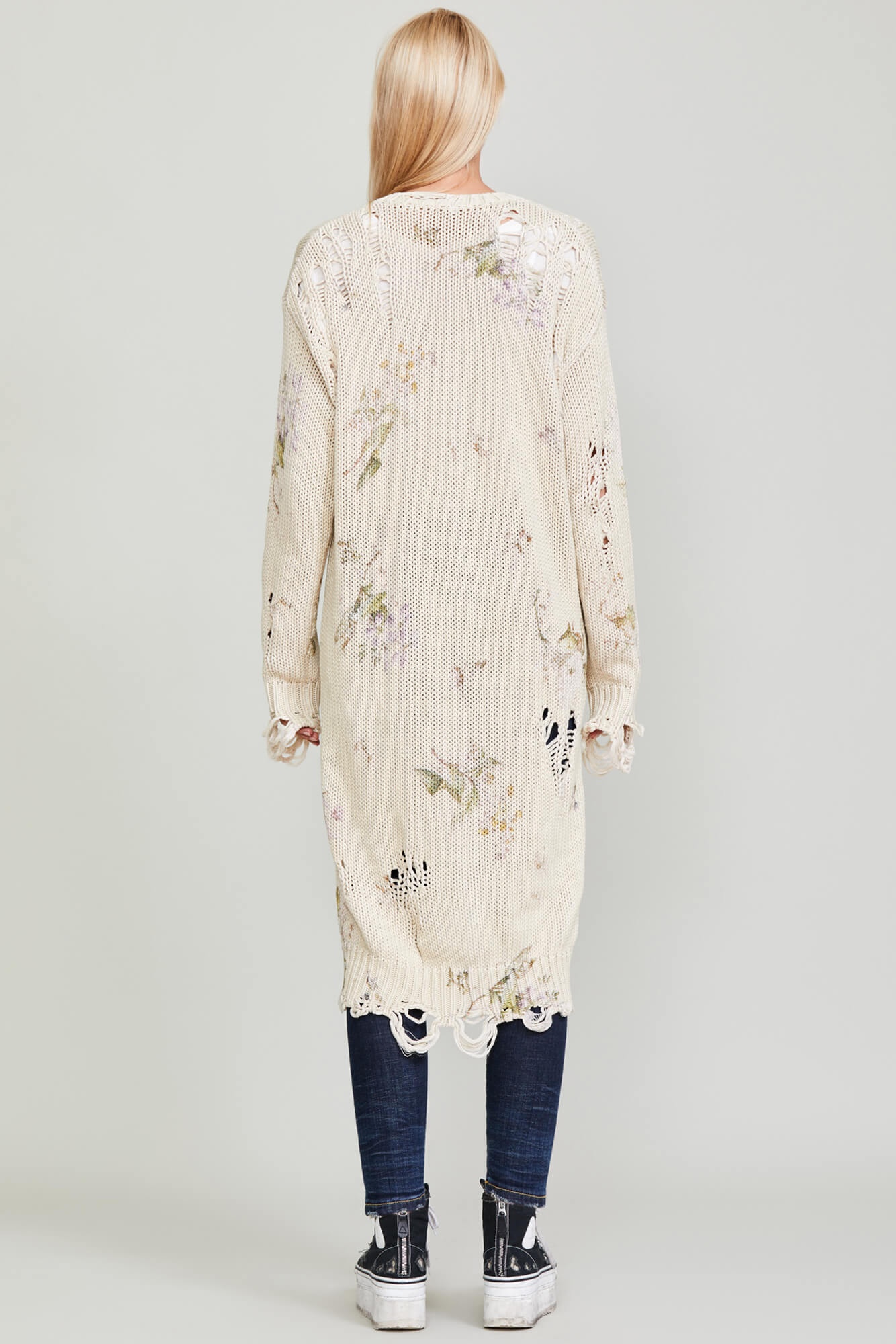 DISTRESSED LONG CARDIGAN - FLORAL ON KHAKI - 4