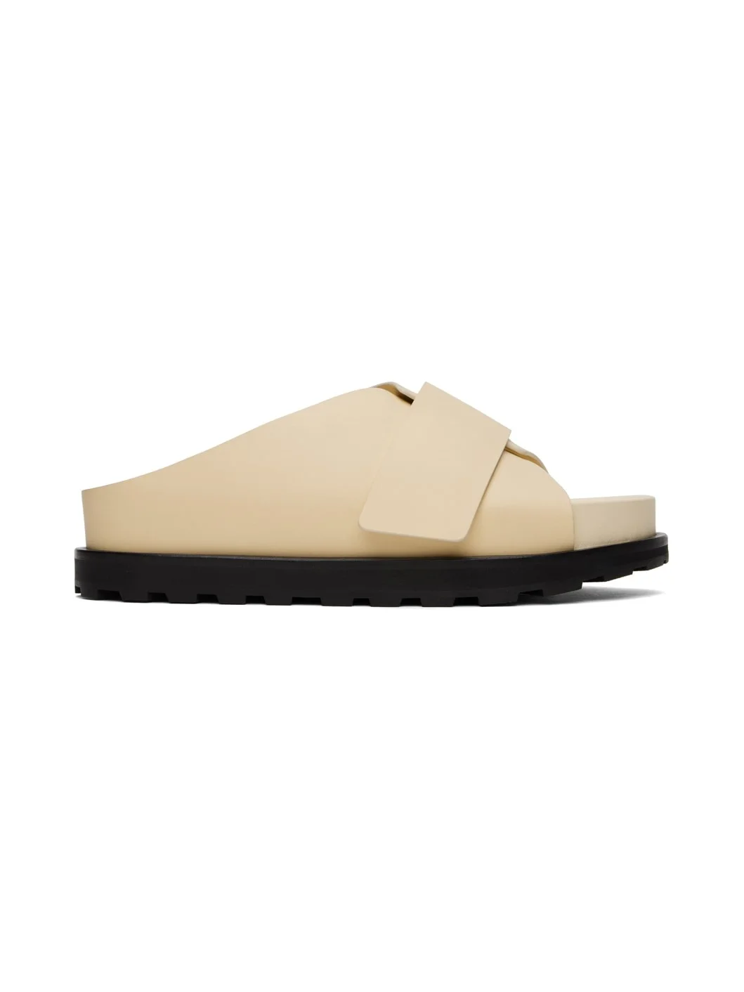 Beige Cross-Strap Leather Slides - 1