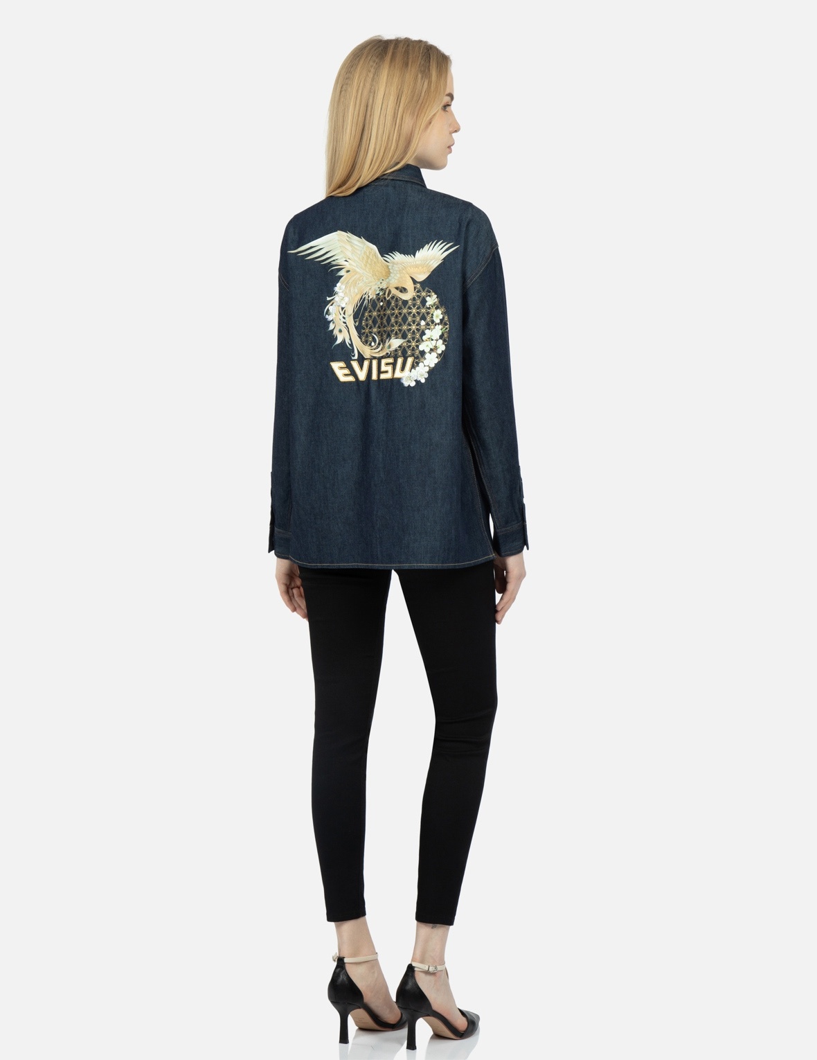 PEACOCK AND BROCADE FOIL-PRINT DENIM SHIRT - 3