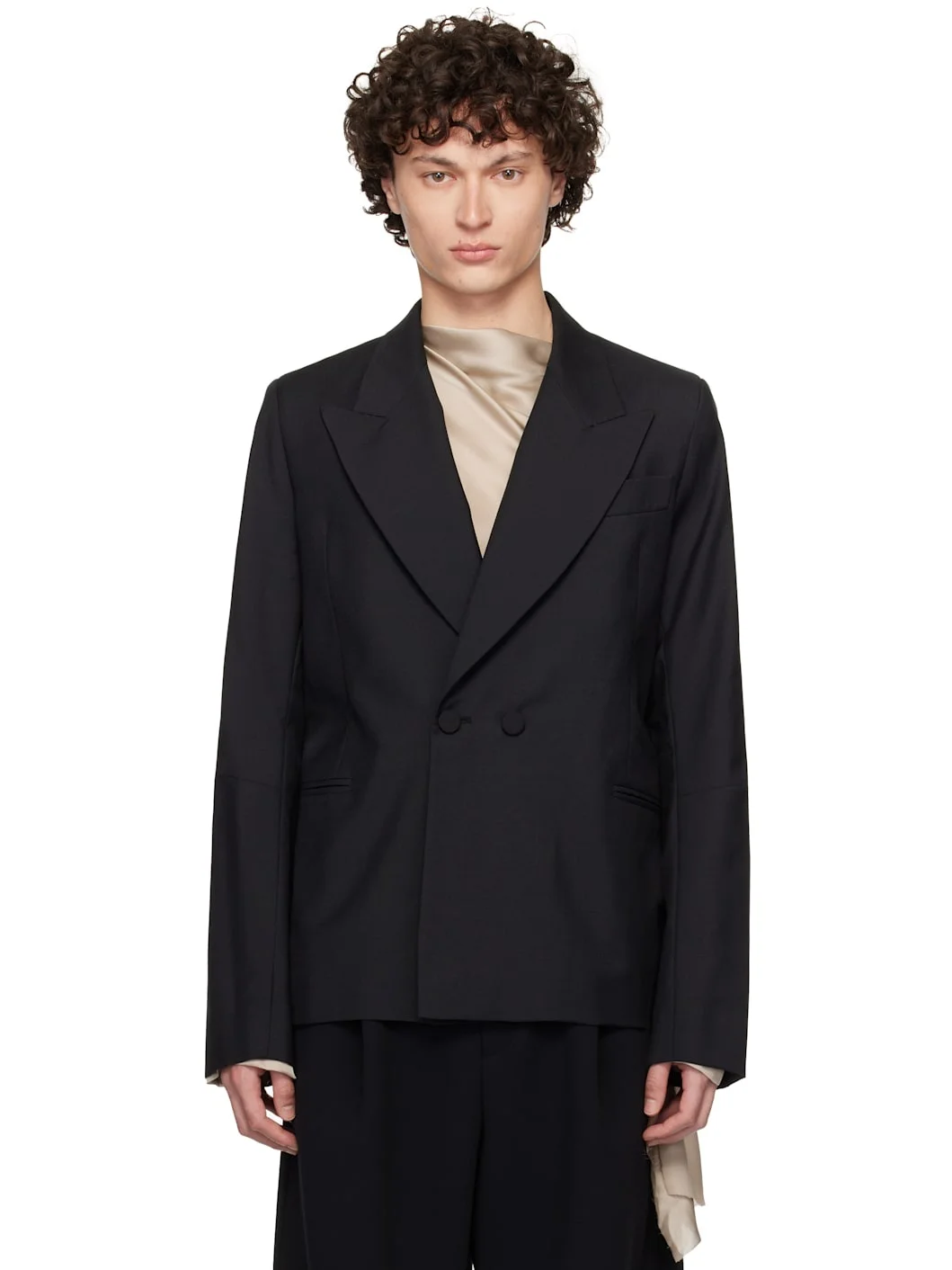Black D Breasted Wool Blazer - 1
