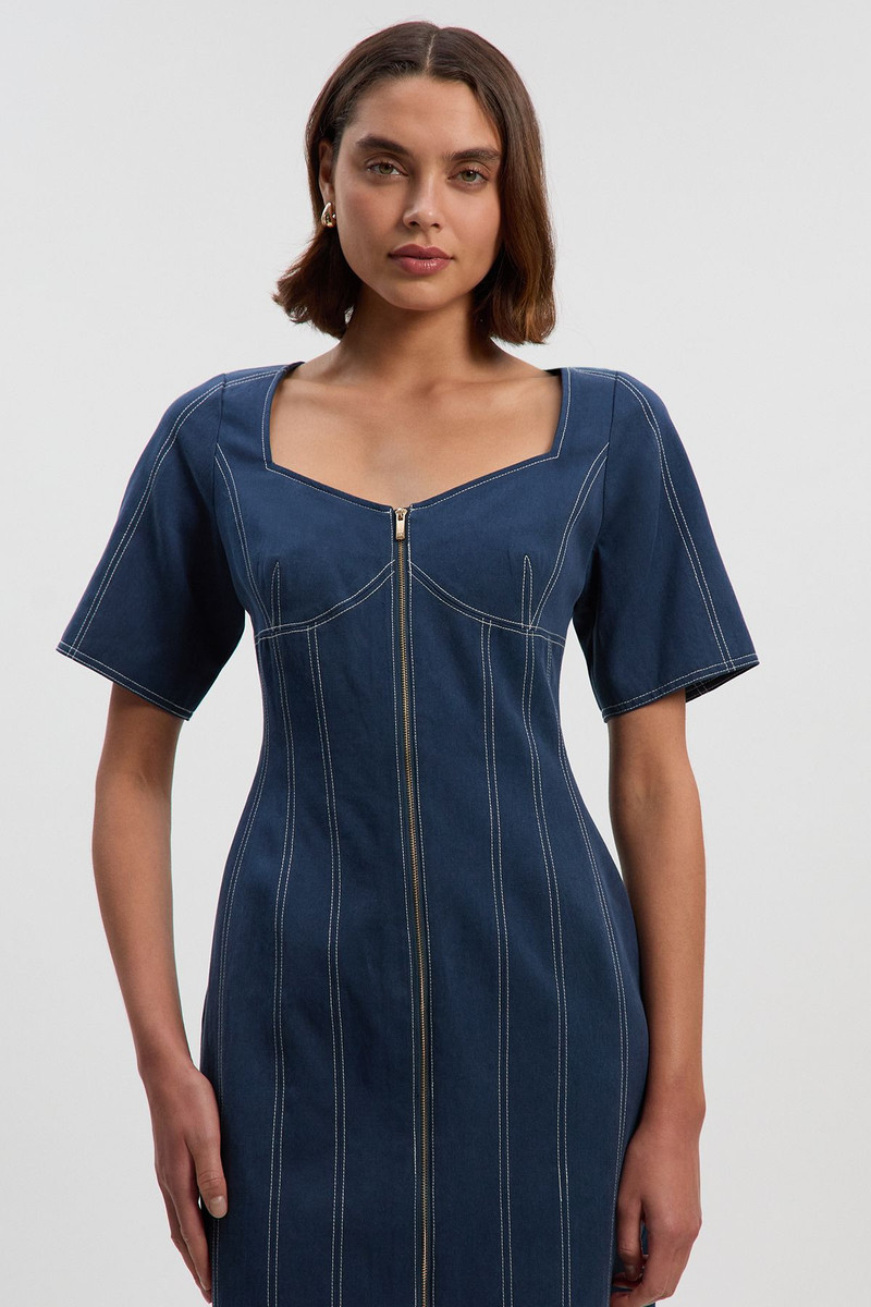 KAREN MILLEN Tencel Cotton Contrast Stitch Zip Front Woven Midi Dress outlook