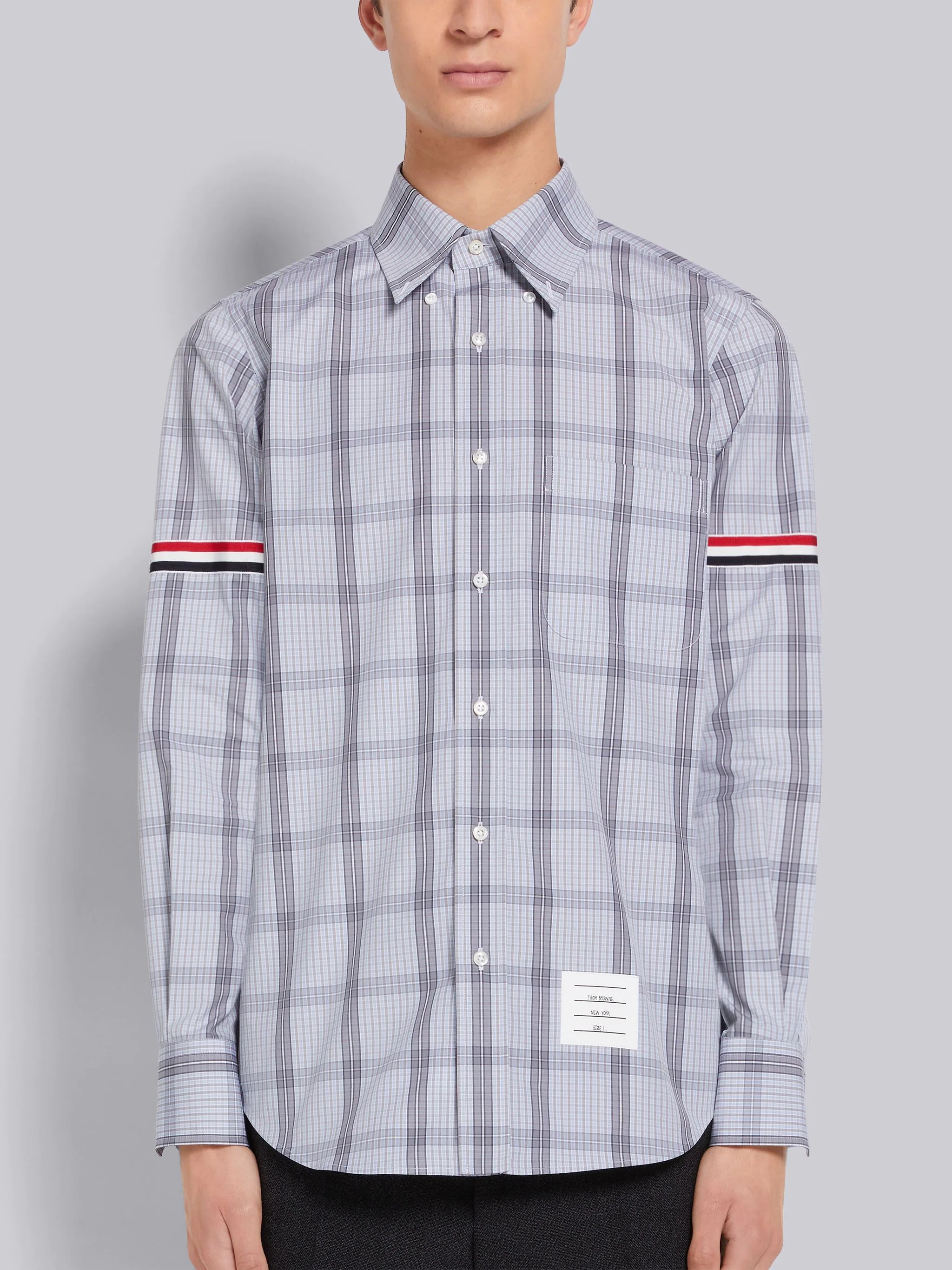 Medium Grey Small Grid Windowpane Check Poplin Grosgrain Armband Straight Fit Shirt - 3