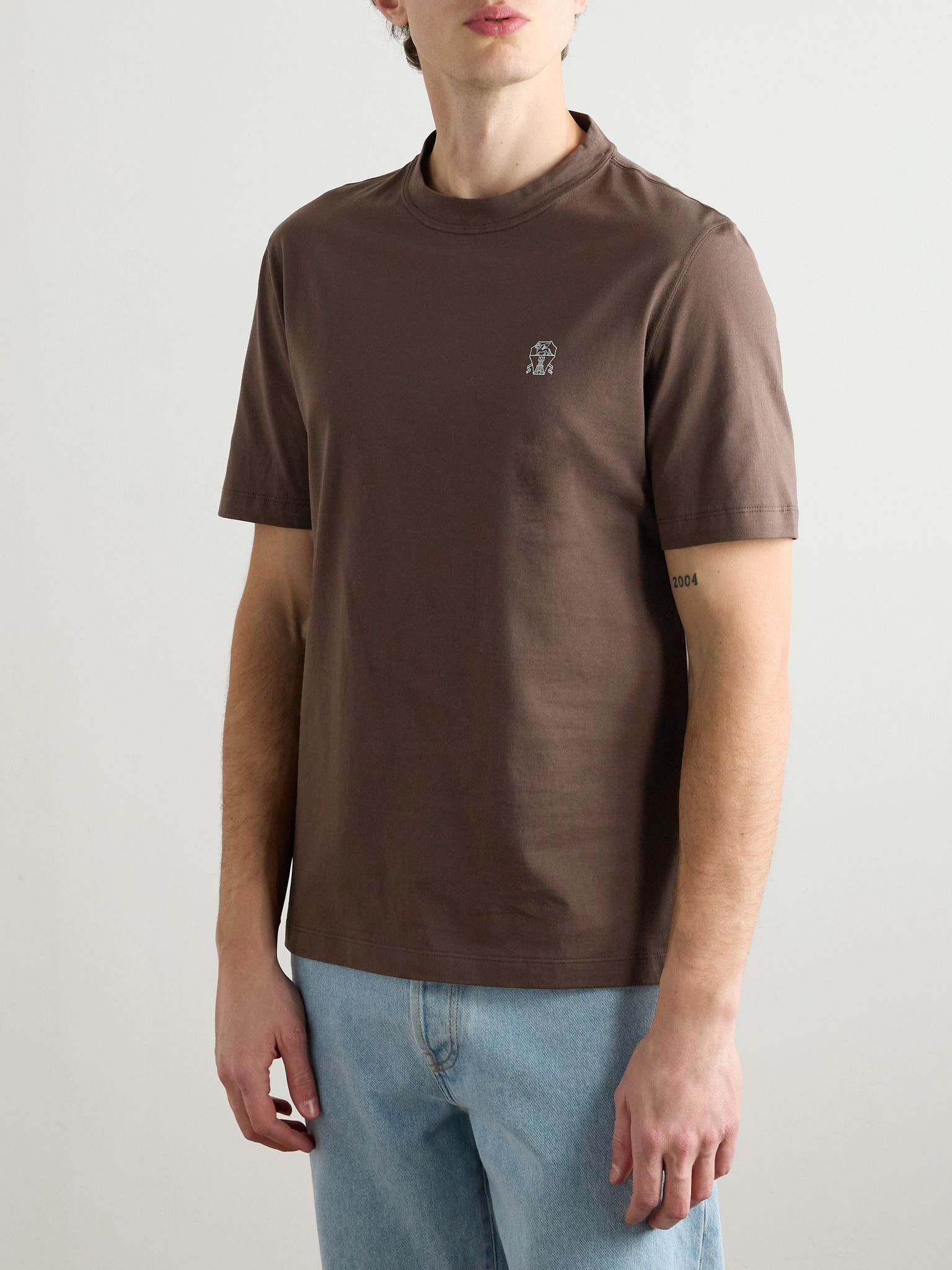 Logo-Embroidered Cotton-Jersey T-Shirt Brown - 3