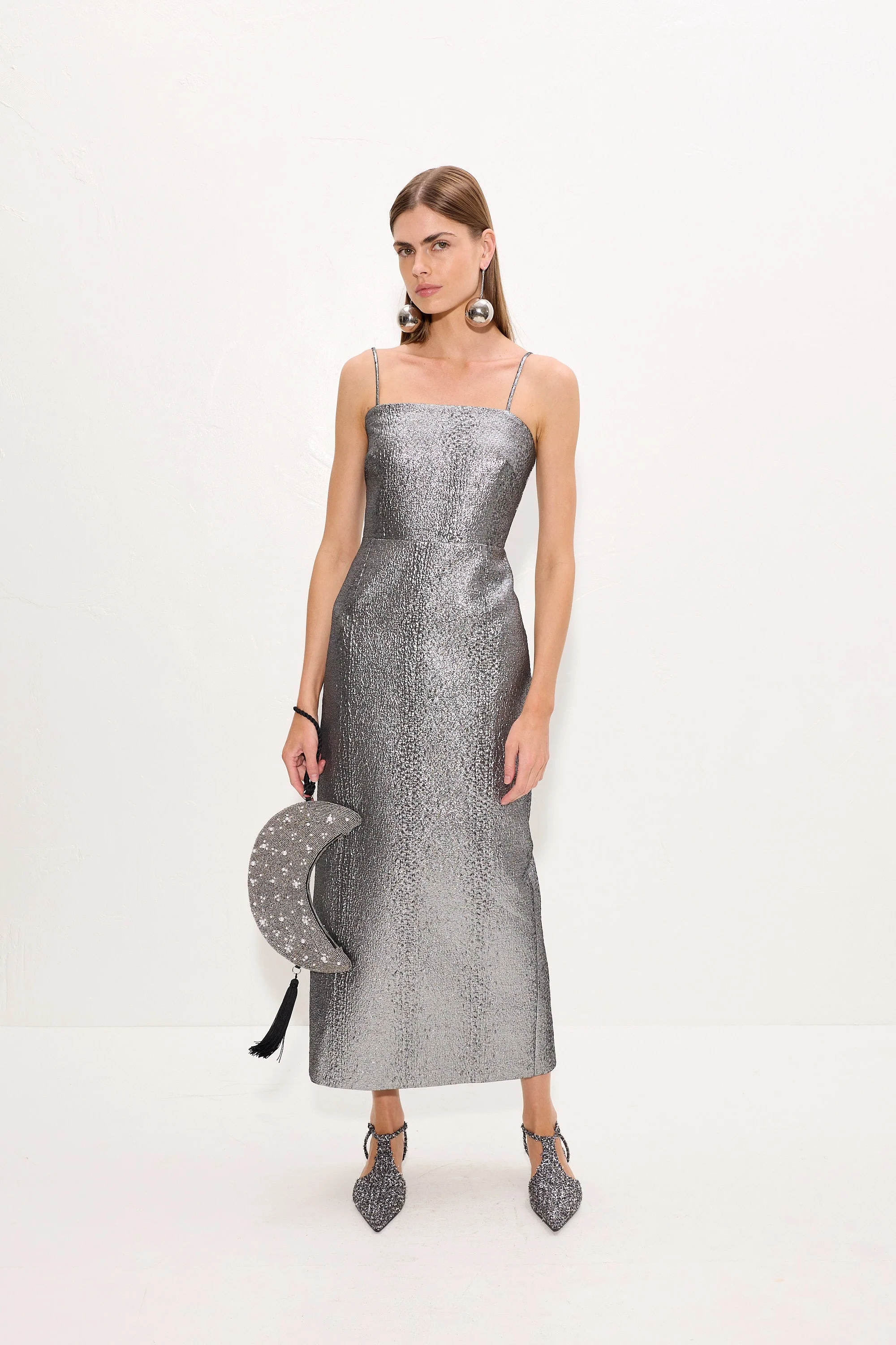 Verdelle Metallic Midi Dress In Pewter - 1