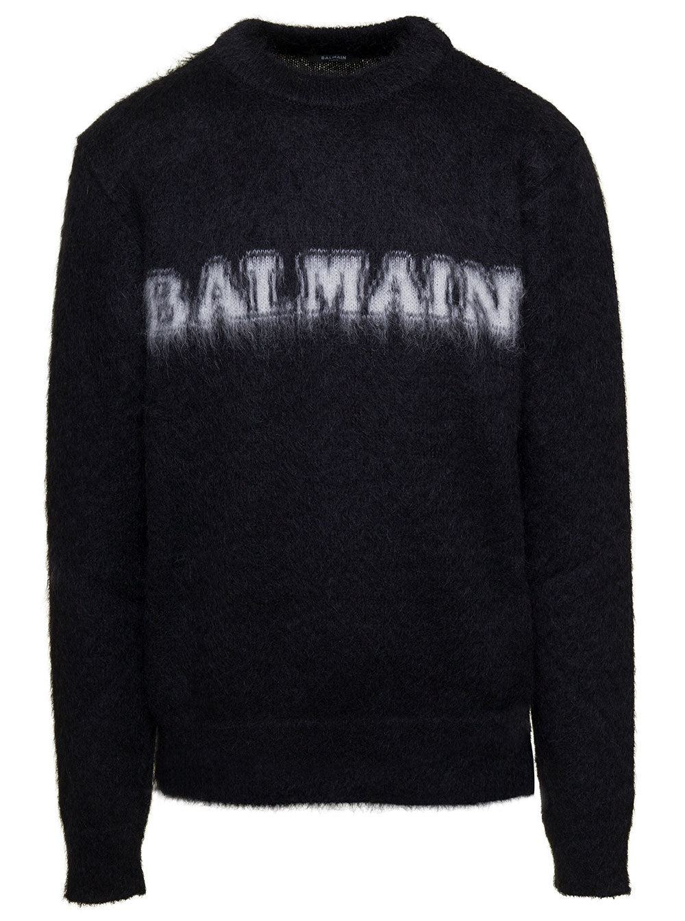 Balmain Men Black Crewneck Sweater With Maxi Logo Lettering On The Front And Brushed Effect In Wool  - 1