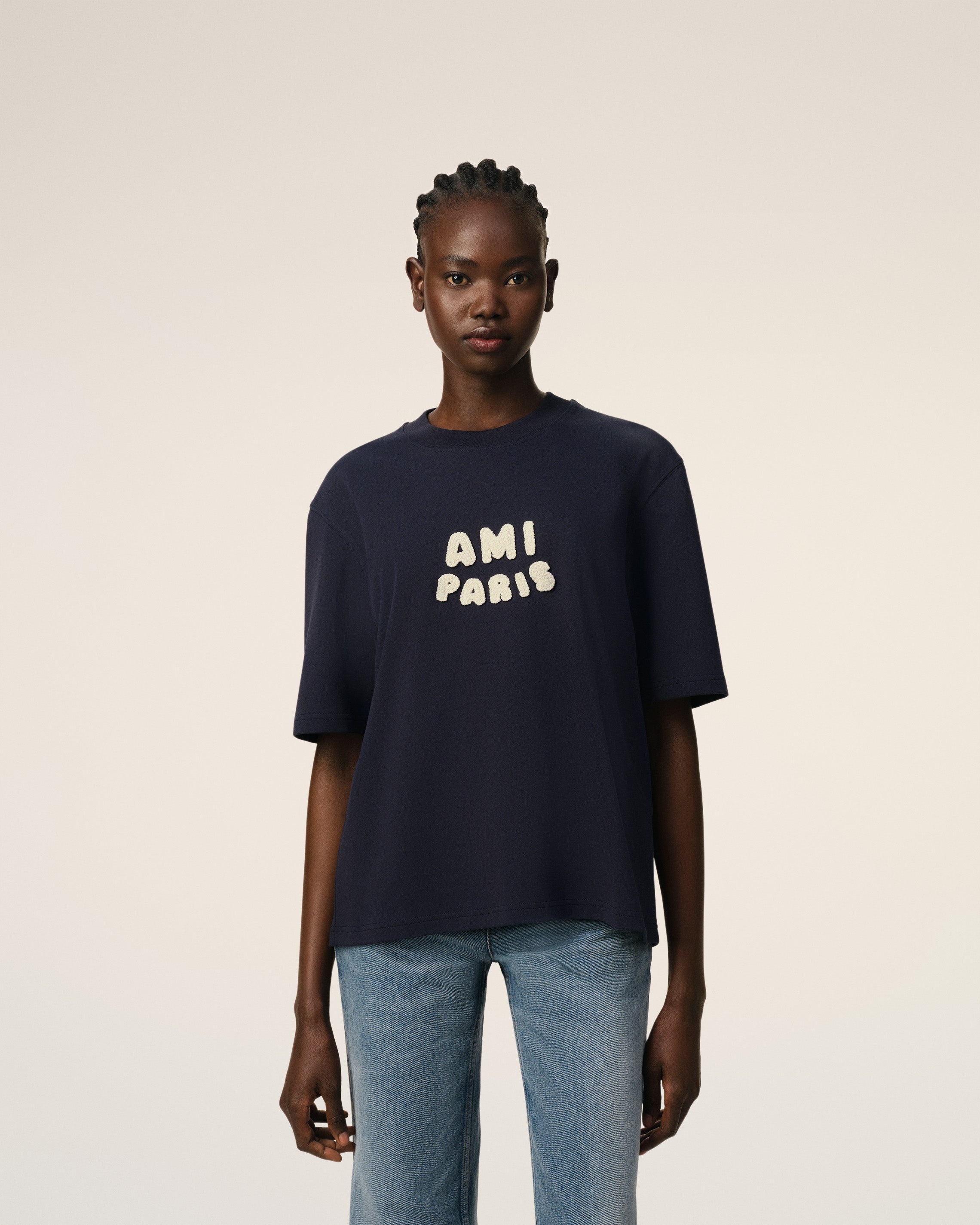 NAVY COTTON AMI PARIS PATCH T-SHIRT - 3