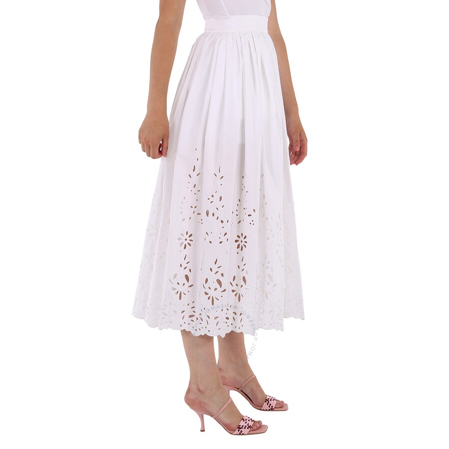Chloe Ladies White Broderie Anglaise Flared Embroidered Midi Skirt - 6