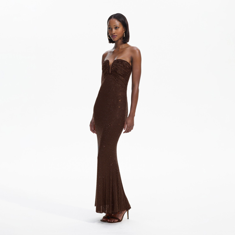 self-portrait Brown Rhinestone Mesh Maxi Dress - RS24-108X-BR | REVERSIBLE