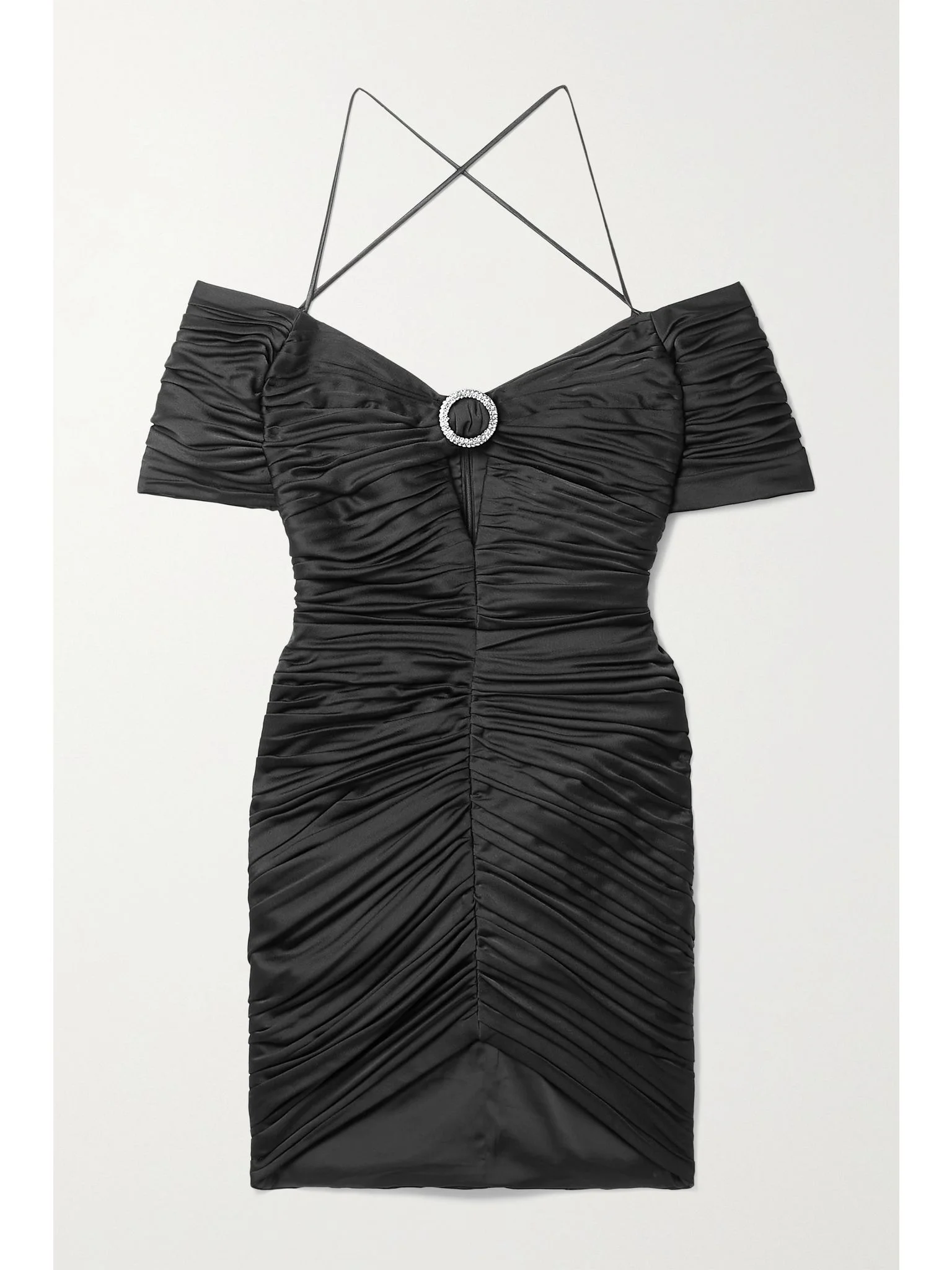 Embellished ruched satin mini dress Black - 1