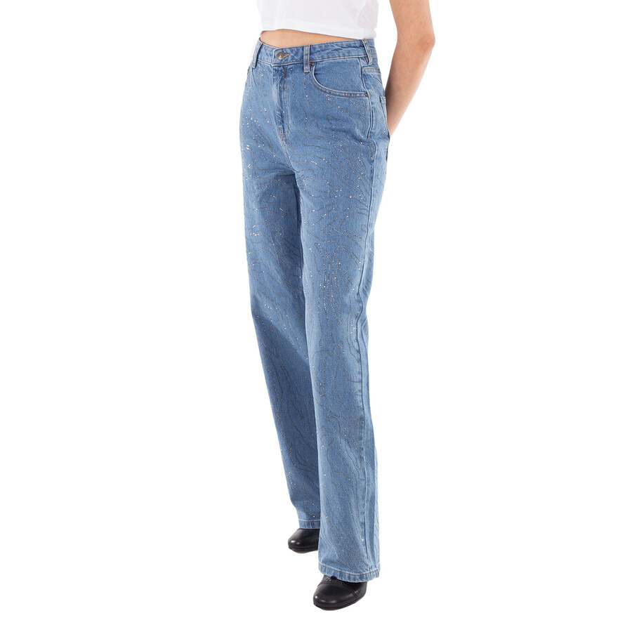 Rotate Ladies Light Blue Denim Rhinestone Wide Leg Jeans - 2