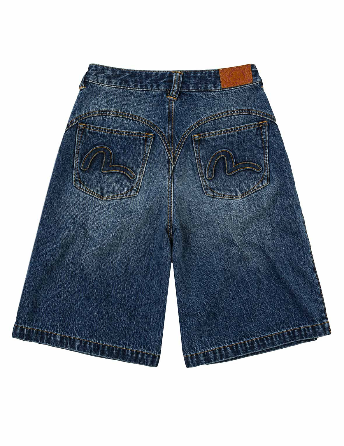Seagull Embossed Fashion Fit Pleated Denim Shorts - 13
