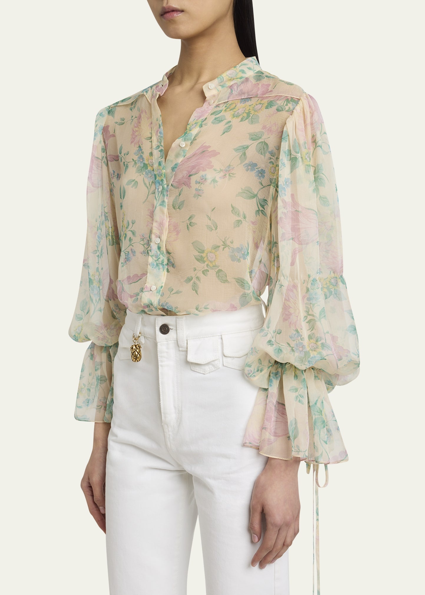 Floral Silk Balloon-Sleeve Button-Down Top - 4