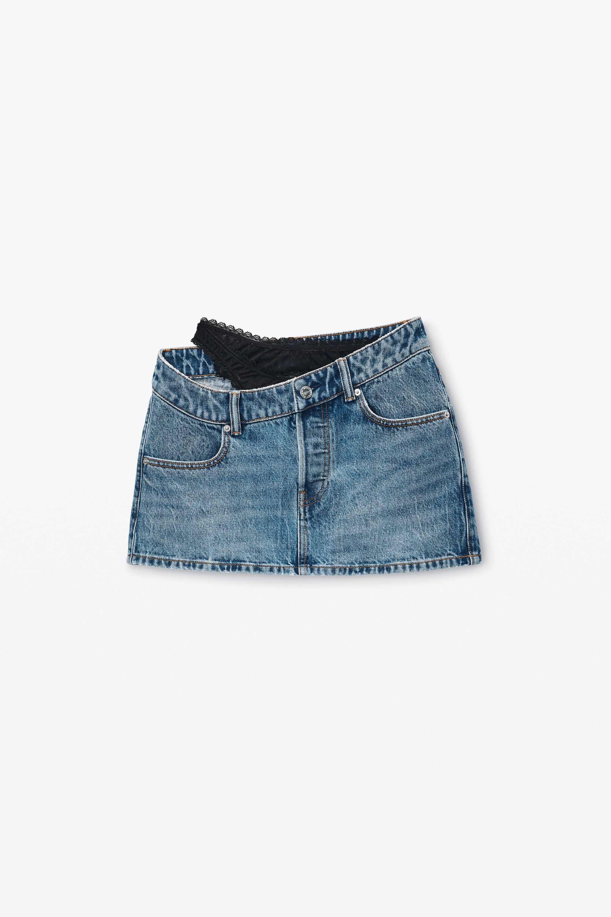 Pre-Styled Denim Skirt with Asymmetrical Lace Waistband - 1