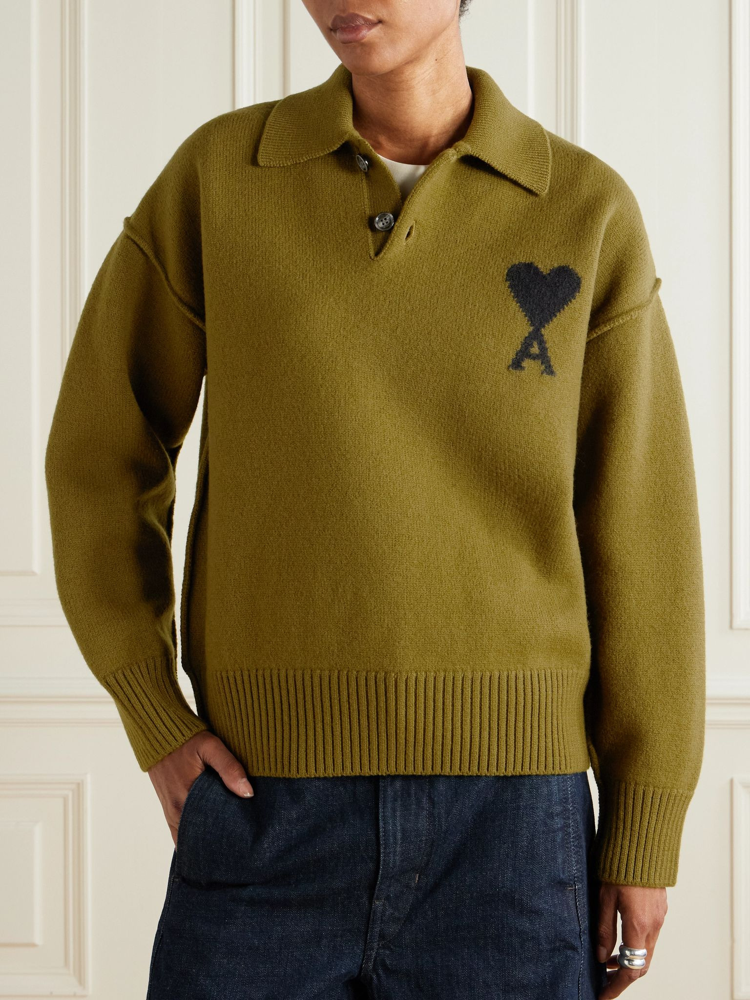 Intarsia wool polo sweater Army green - 3